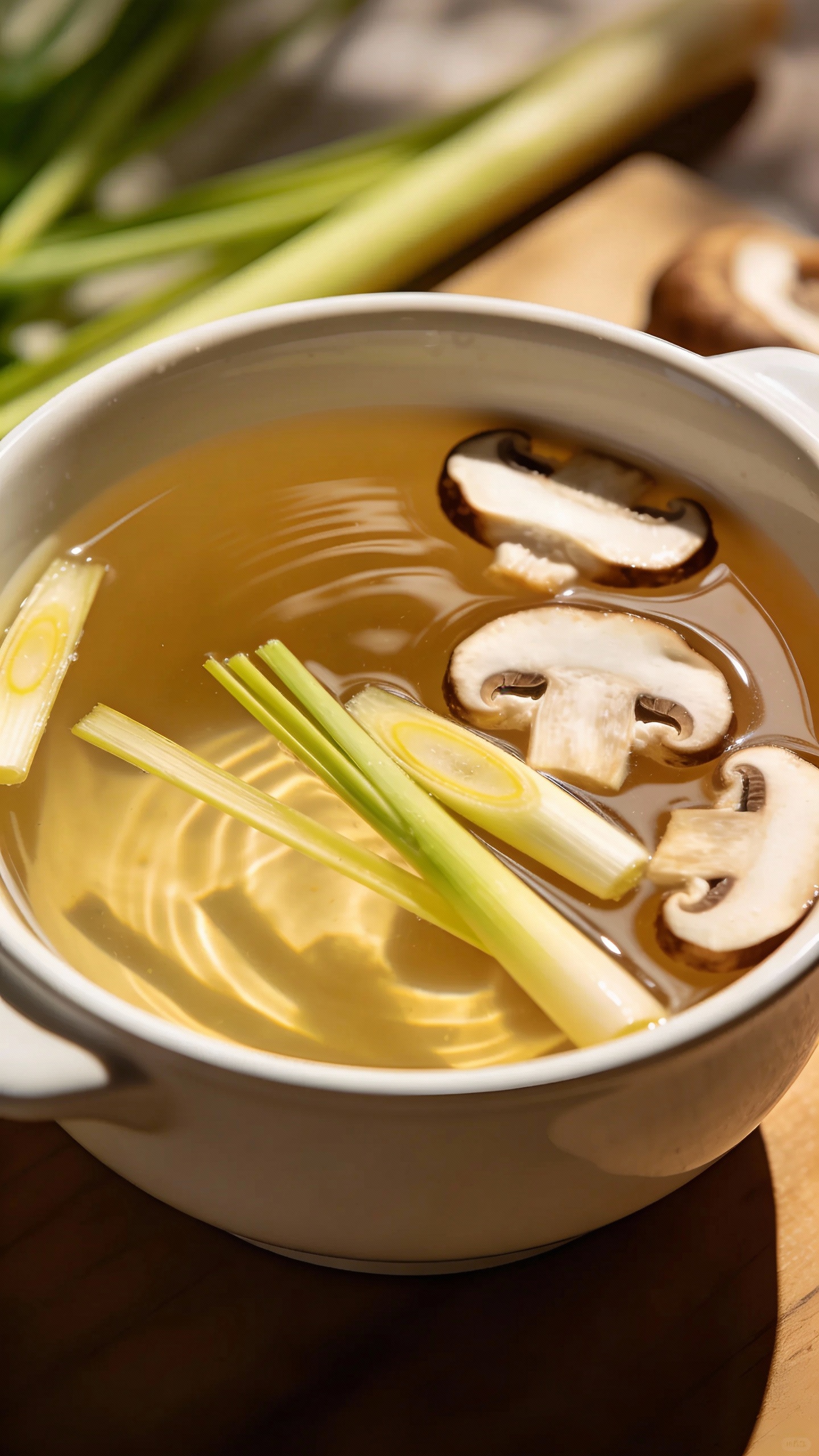 clear broth with lemongrass slices and mushrooms, overhead shot
