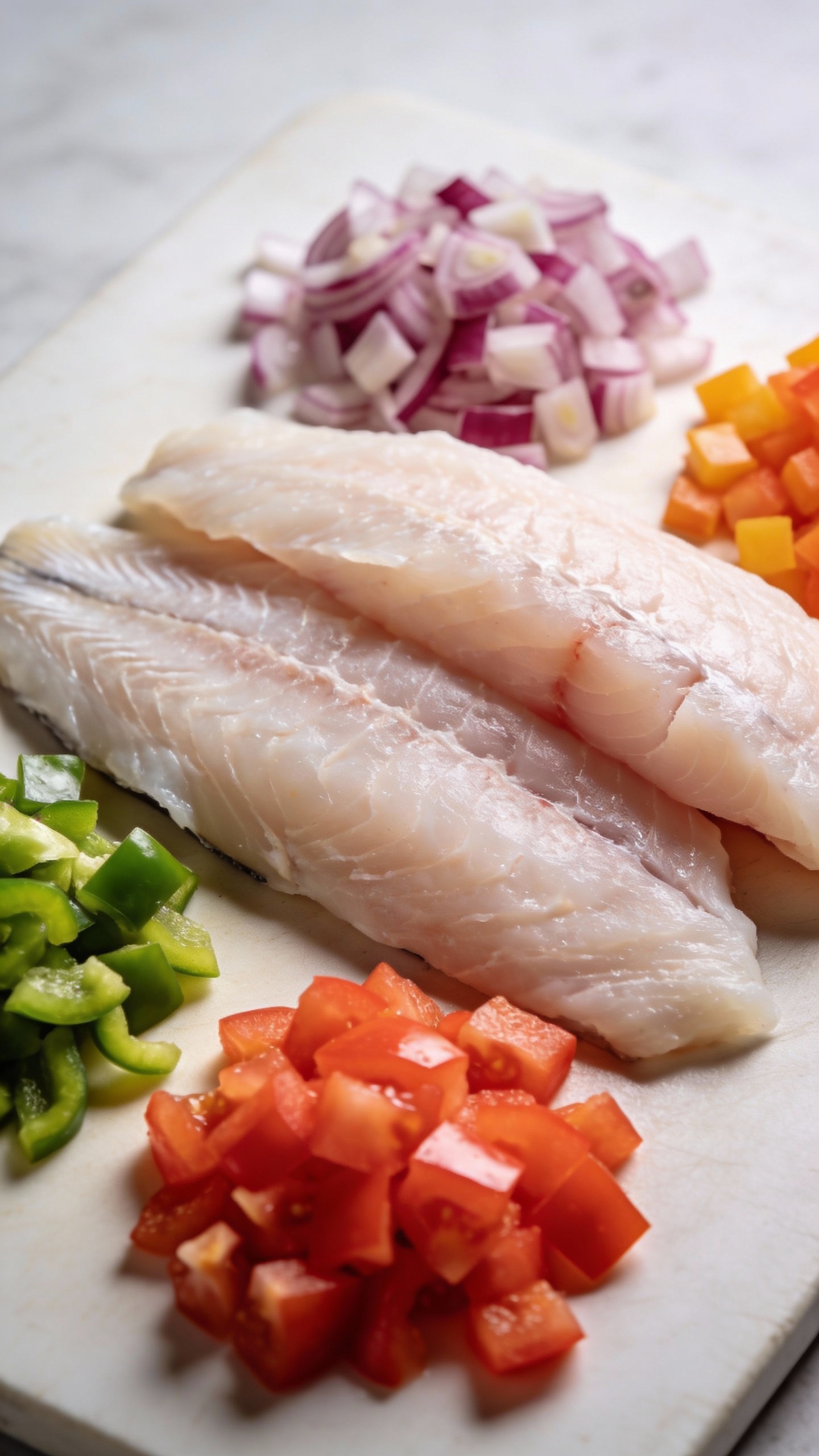 Raw firm white fish fillets with chopped onions, peppers, tomatoes