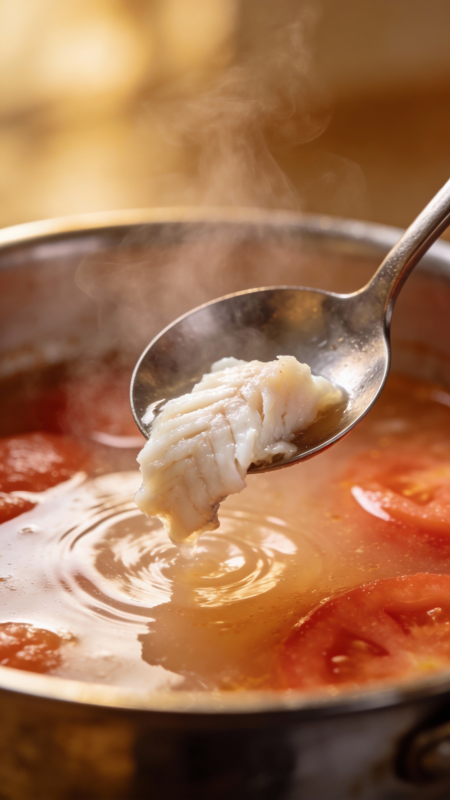 Ladle lifting flaky fish from light tomato broth, steam rising