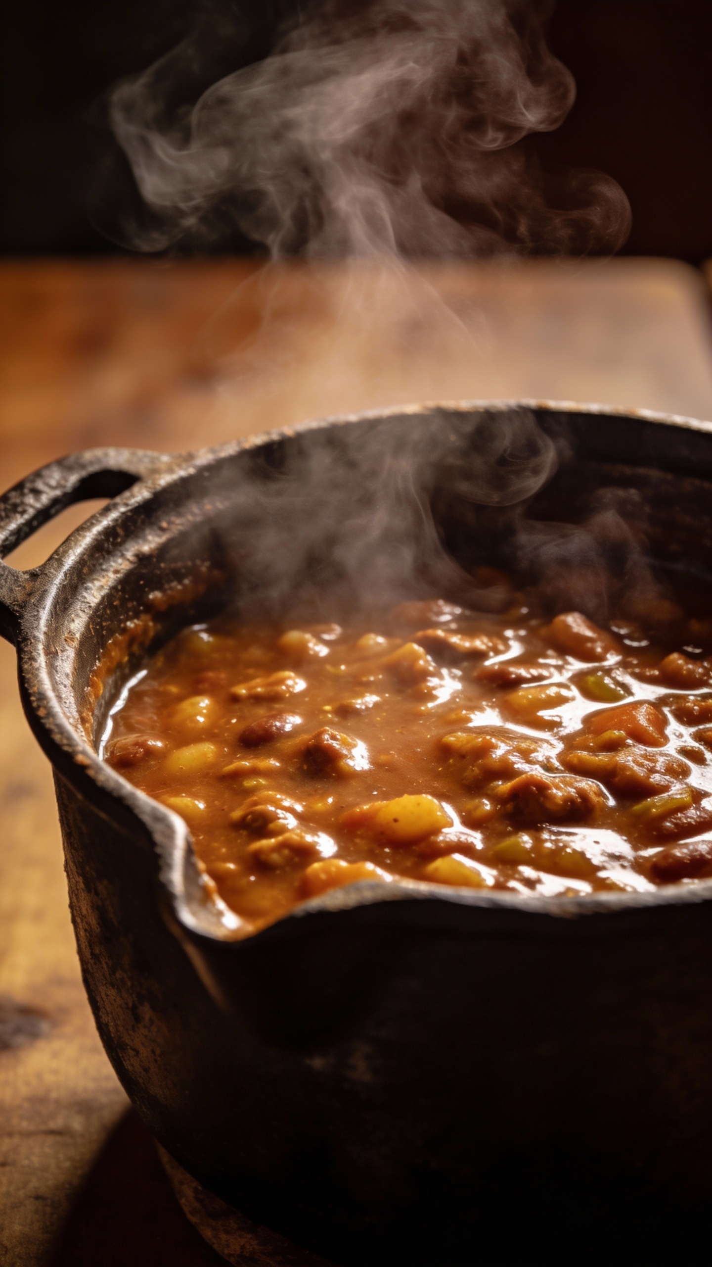 Brunswick stew in cast-iron pot, thick, smoky steam