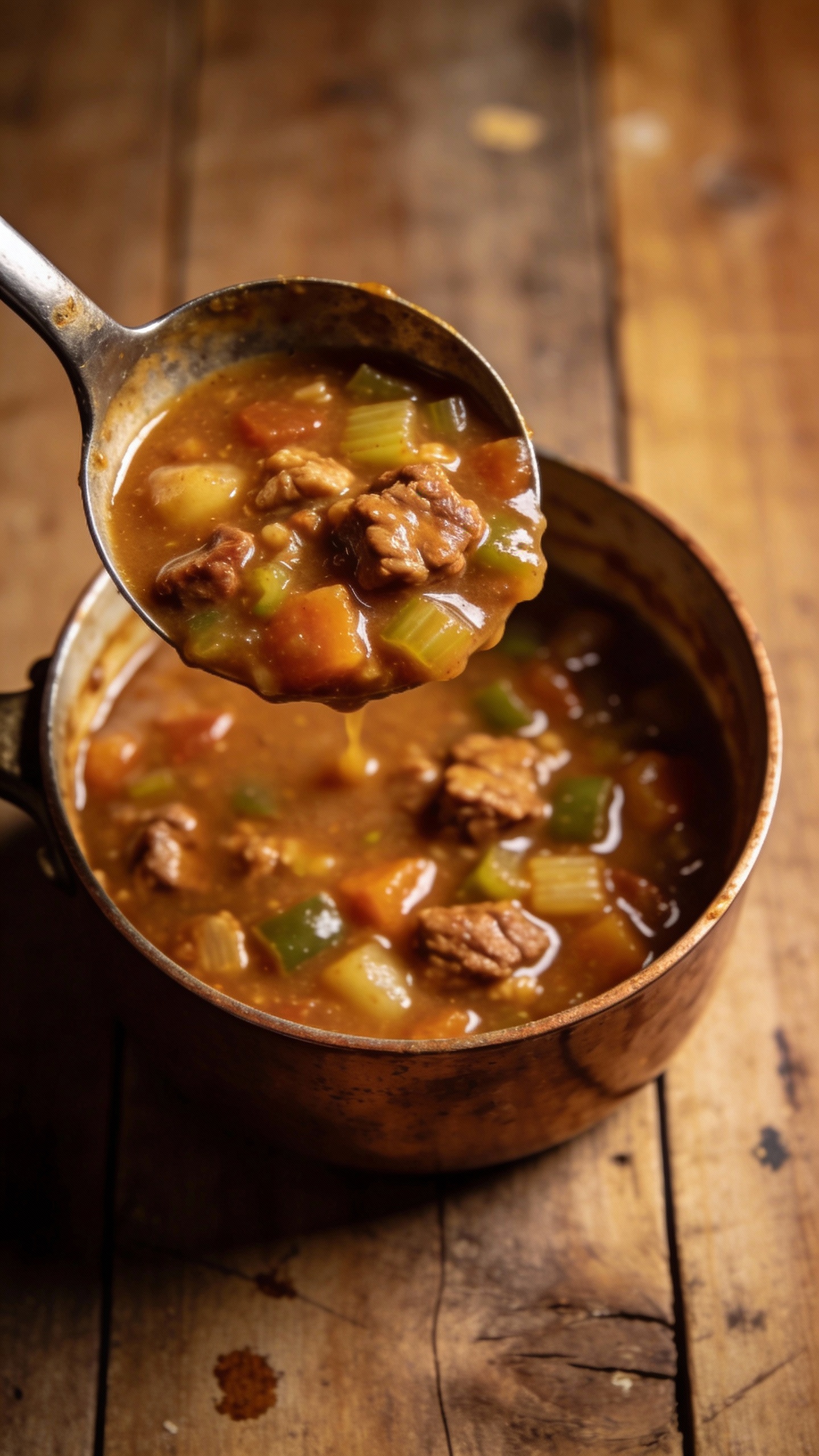 Overhead ladle scooping chunky Brunswick stew, rustic wooden table