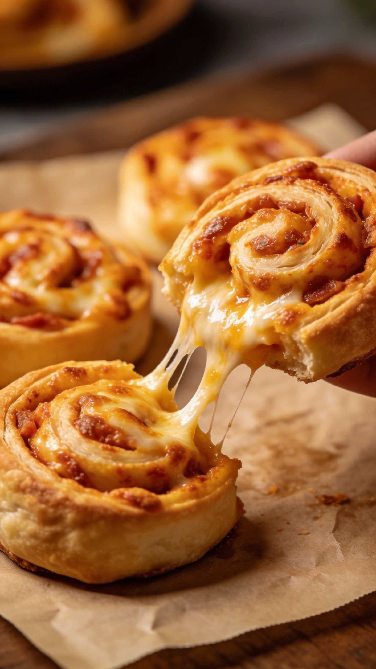 cheesy pizza pinwheels on parchment, gooey cheese pull