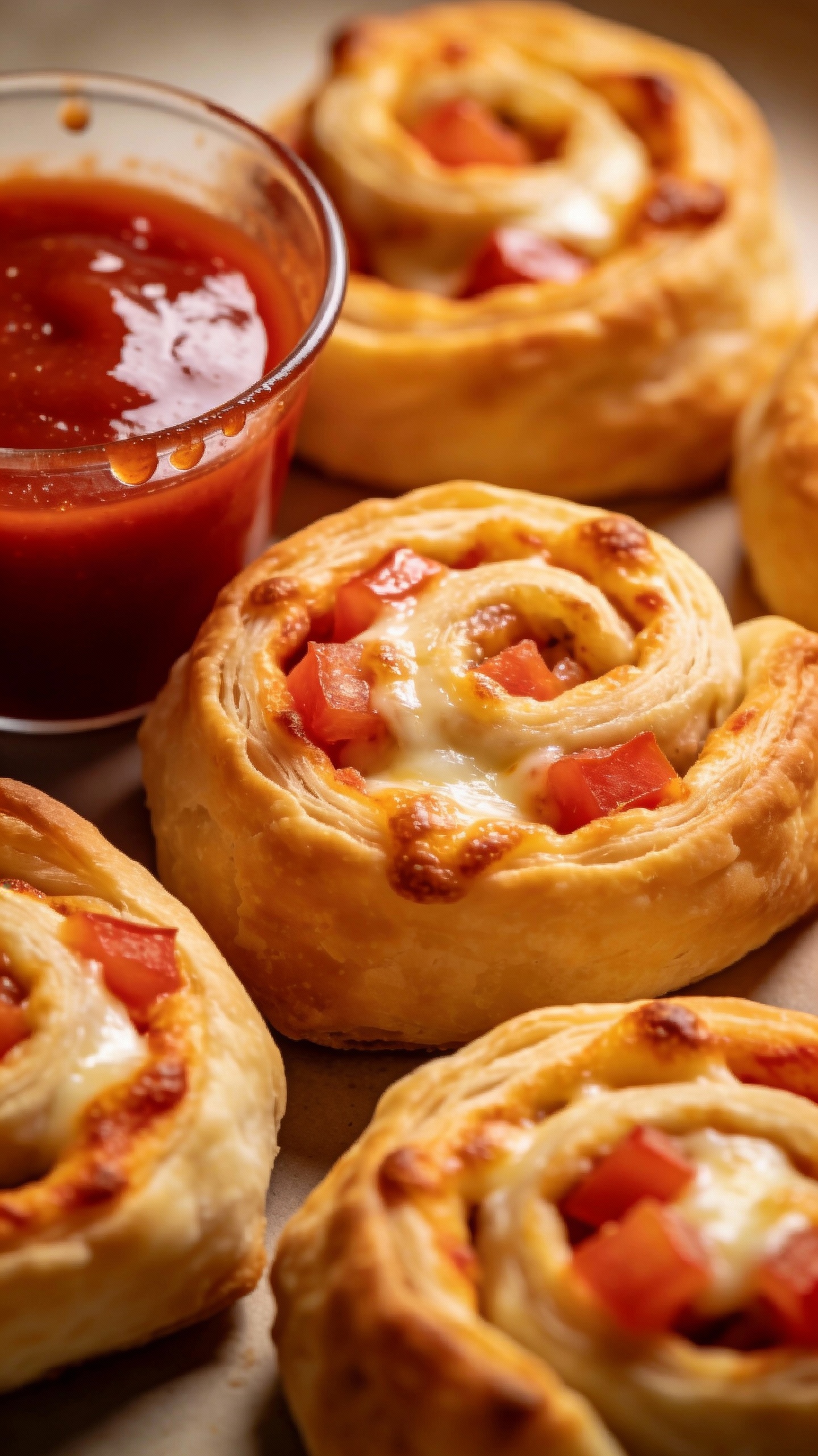 close-up crispy pizza pinwheels with marinara dipping cup