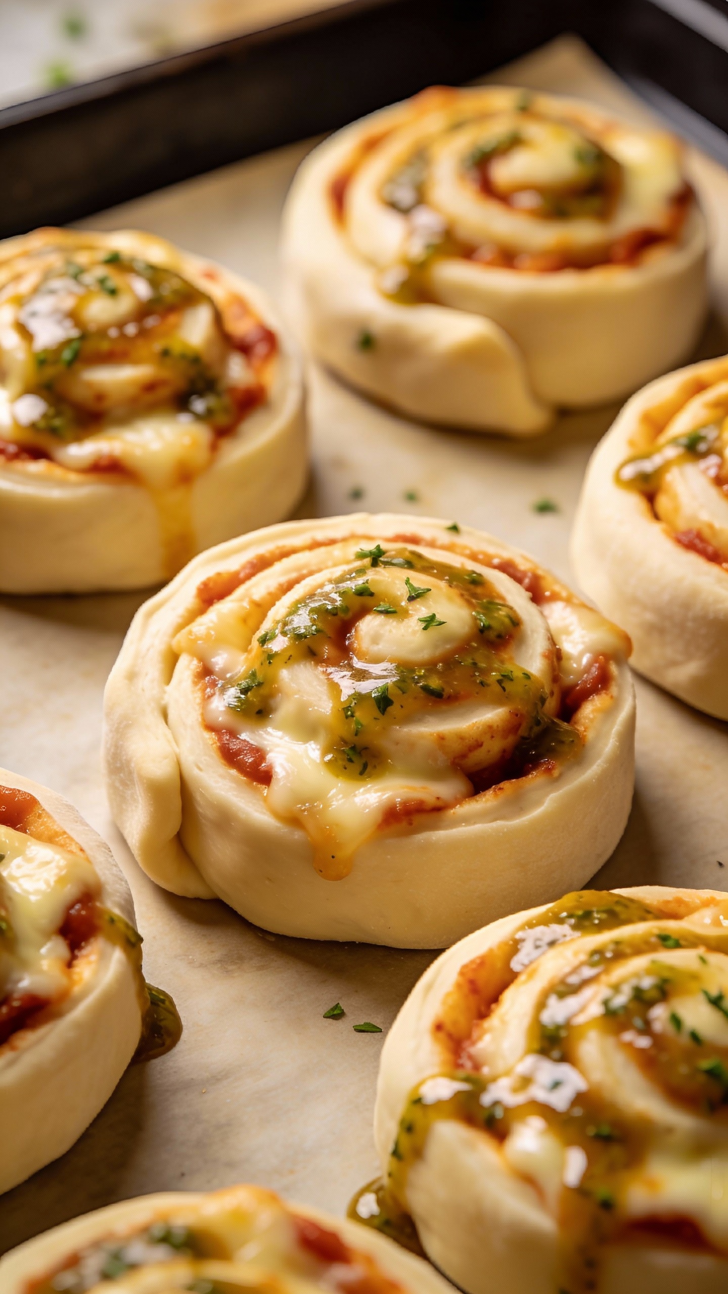 unbaked pizza pinwheel spirals on baking sheet, herby sauce