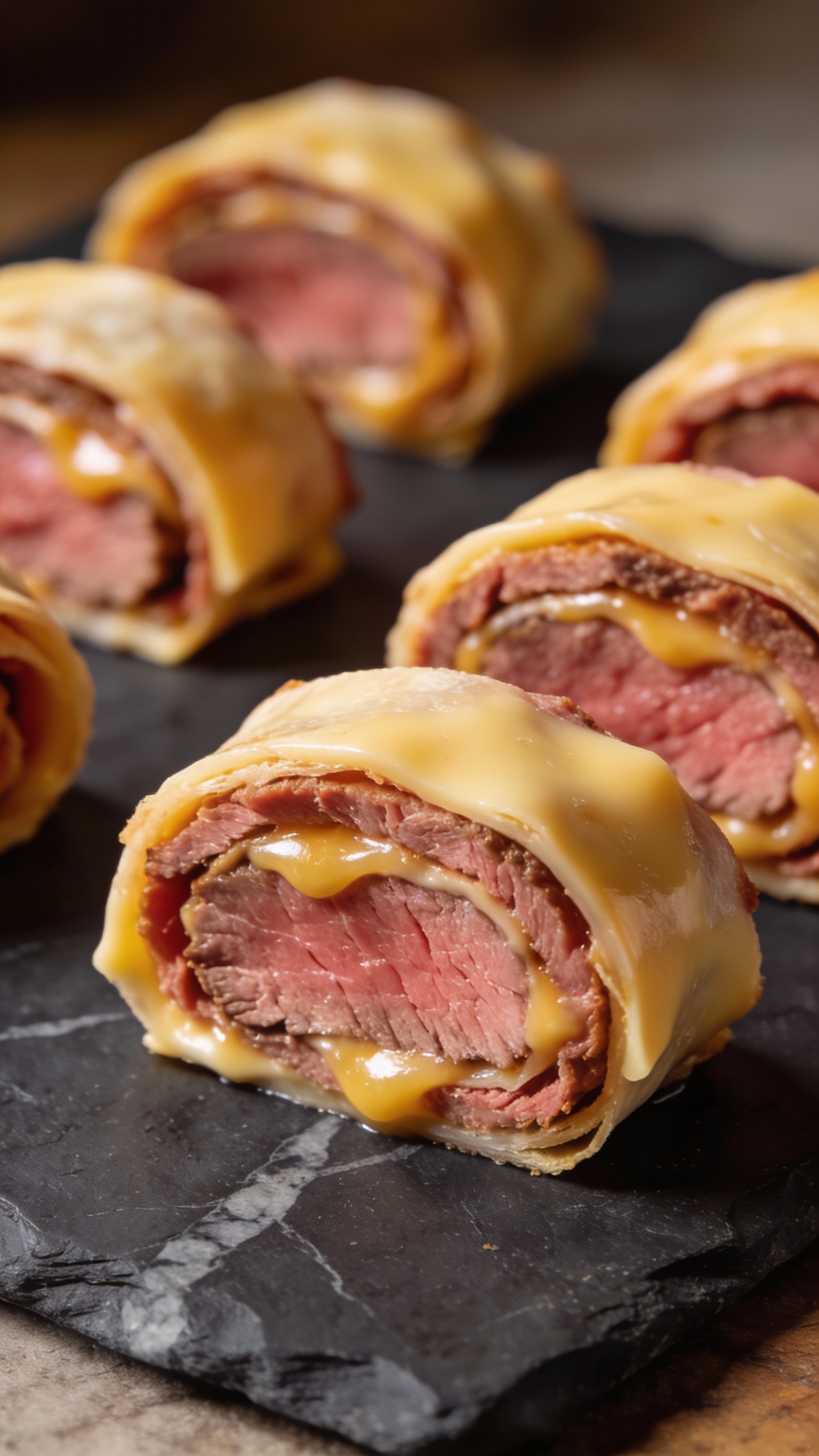 Roast beef and gouda roll-ups on slate platter