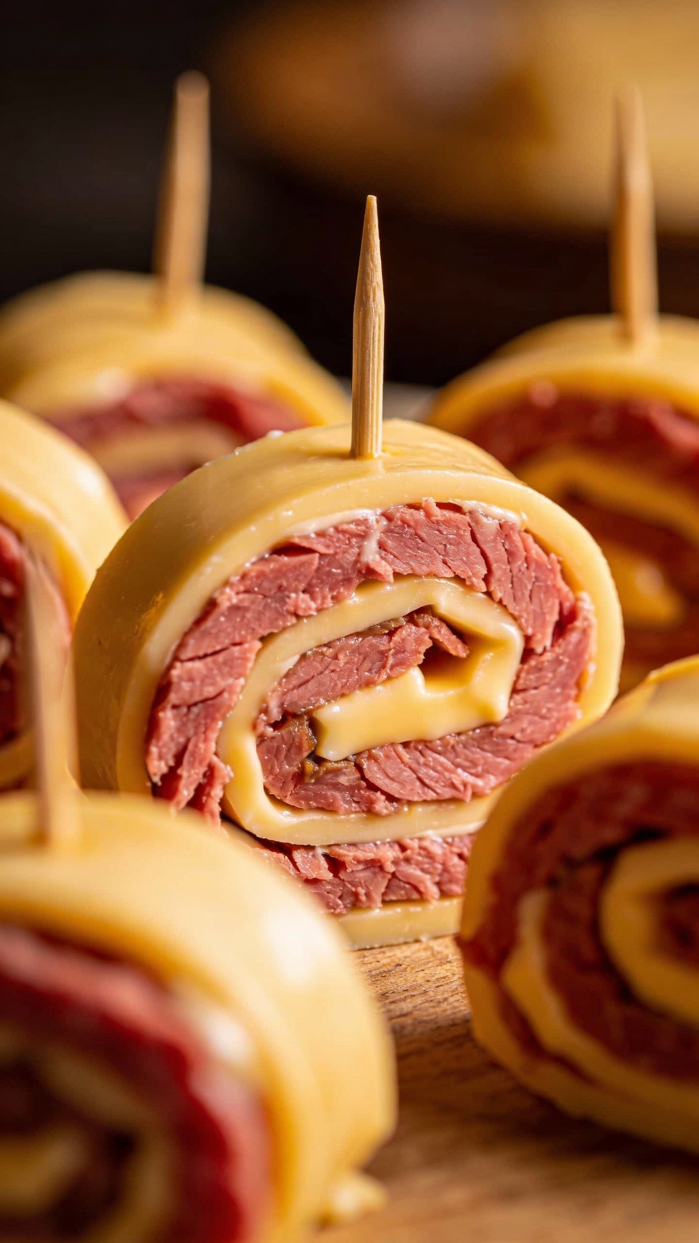 Close-up sliced roast beef gouda pinwheels, toothpicks