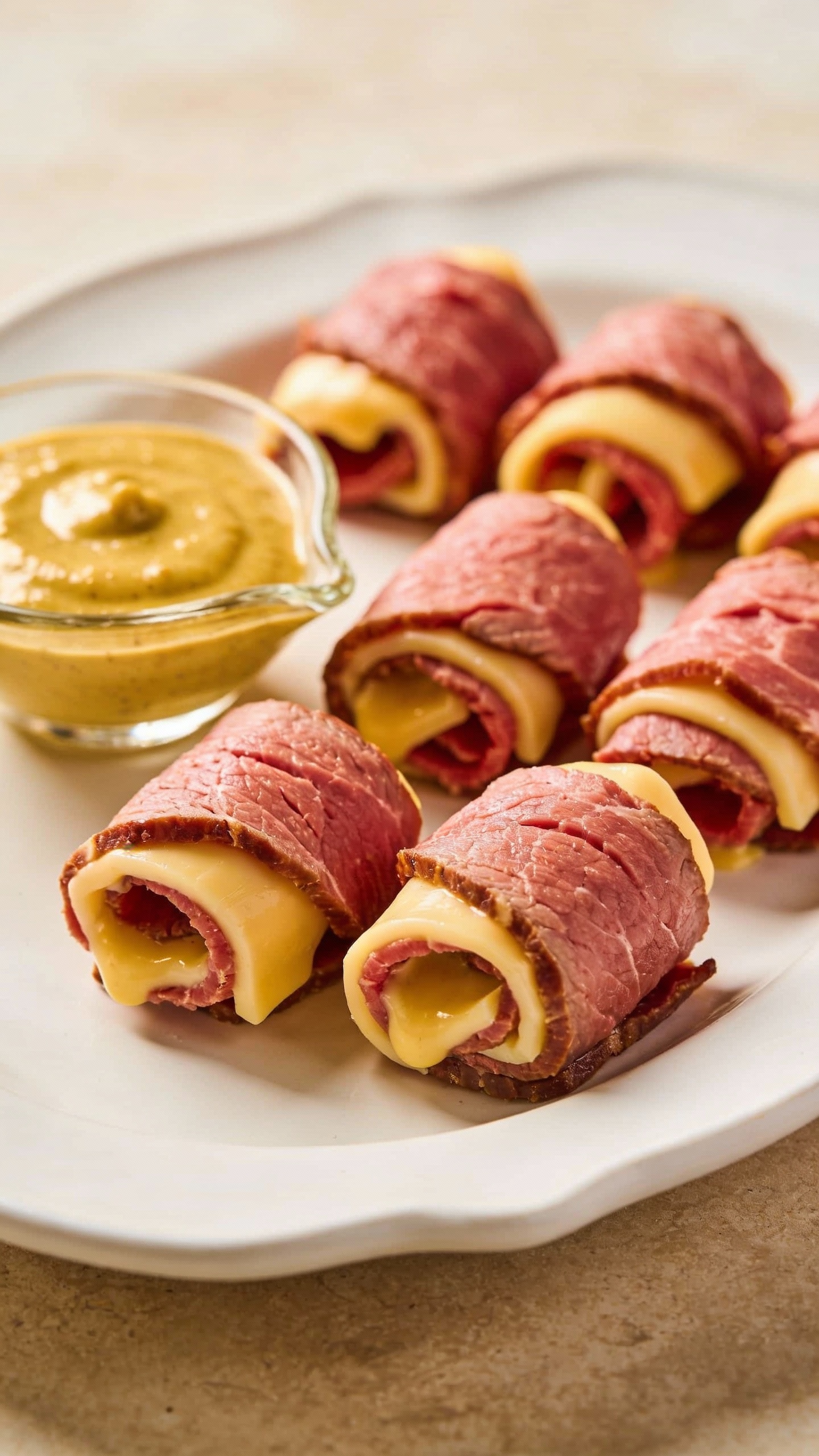 Chilled roast beef gouda roll-ups with mustard dipping sauce