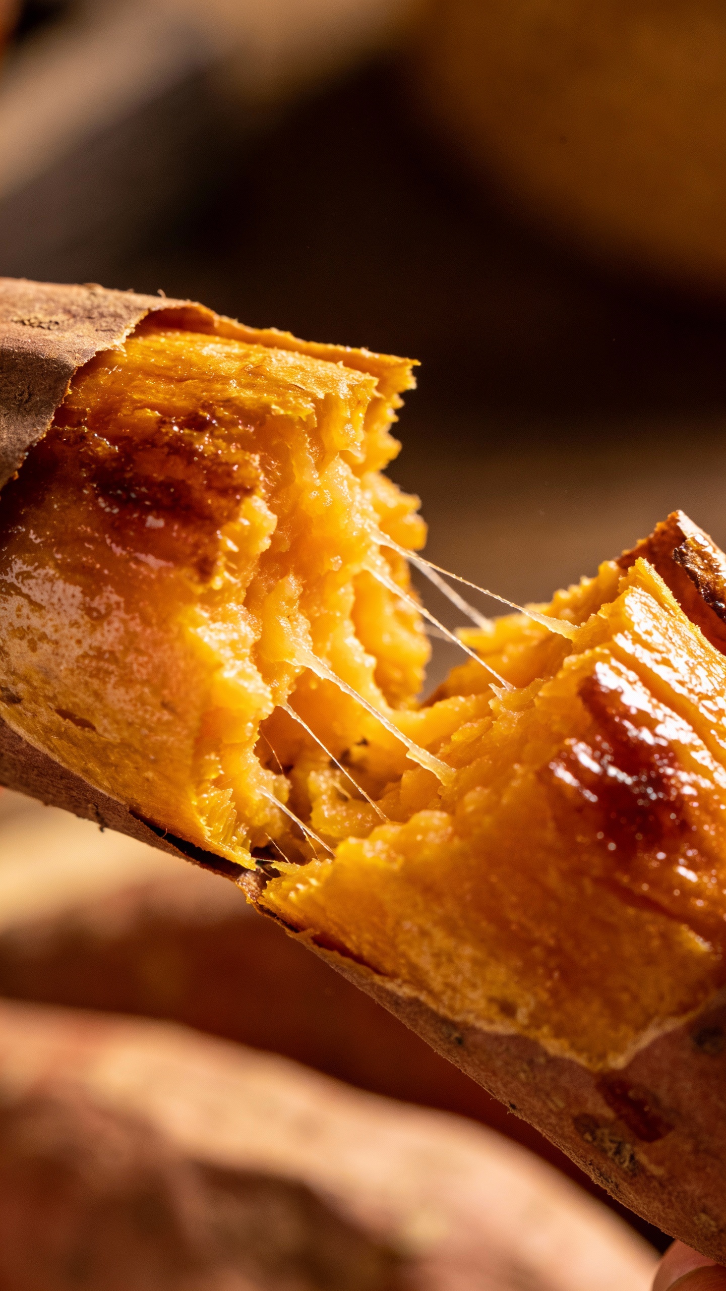 fluffy interior sweet potato wedge, broken open, close-up lighting