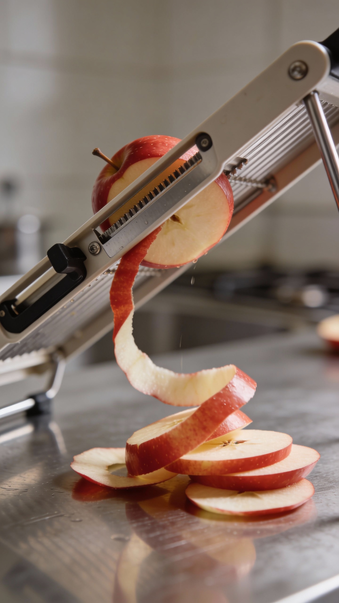 mandoline slicing apples, close-up, professional kitchen surface