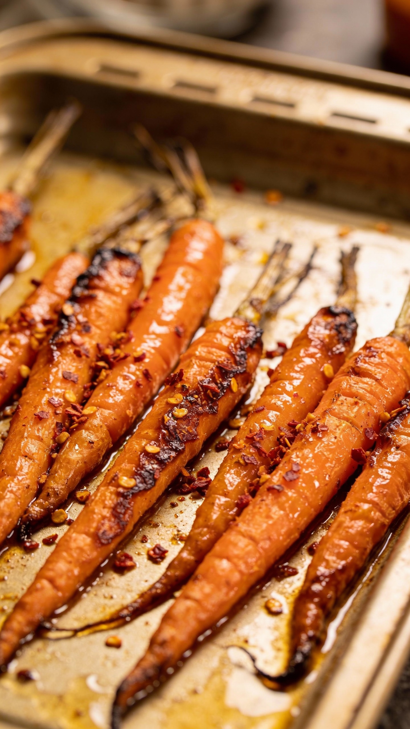 honey-garlic roasted carrots with chili crunch on sheet pan