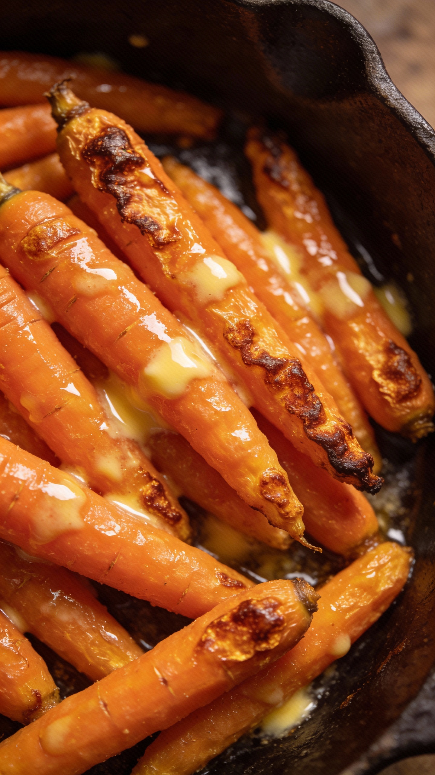 buttery glazed carrots in skillet, browned edges, overhead