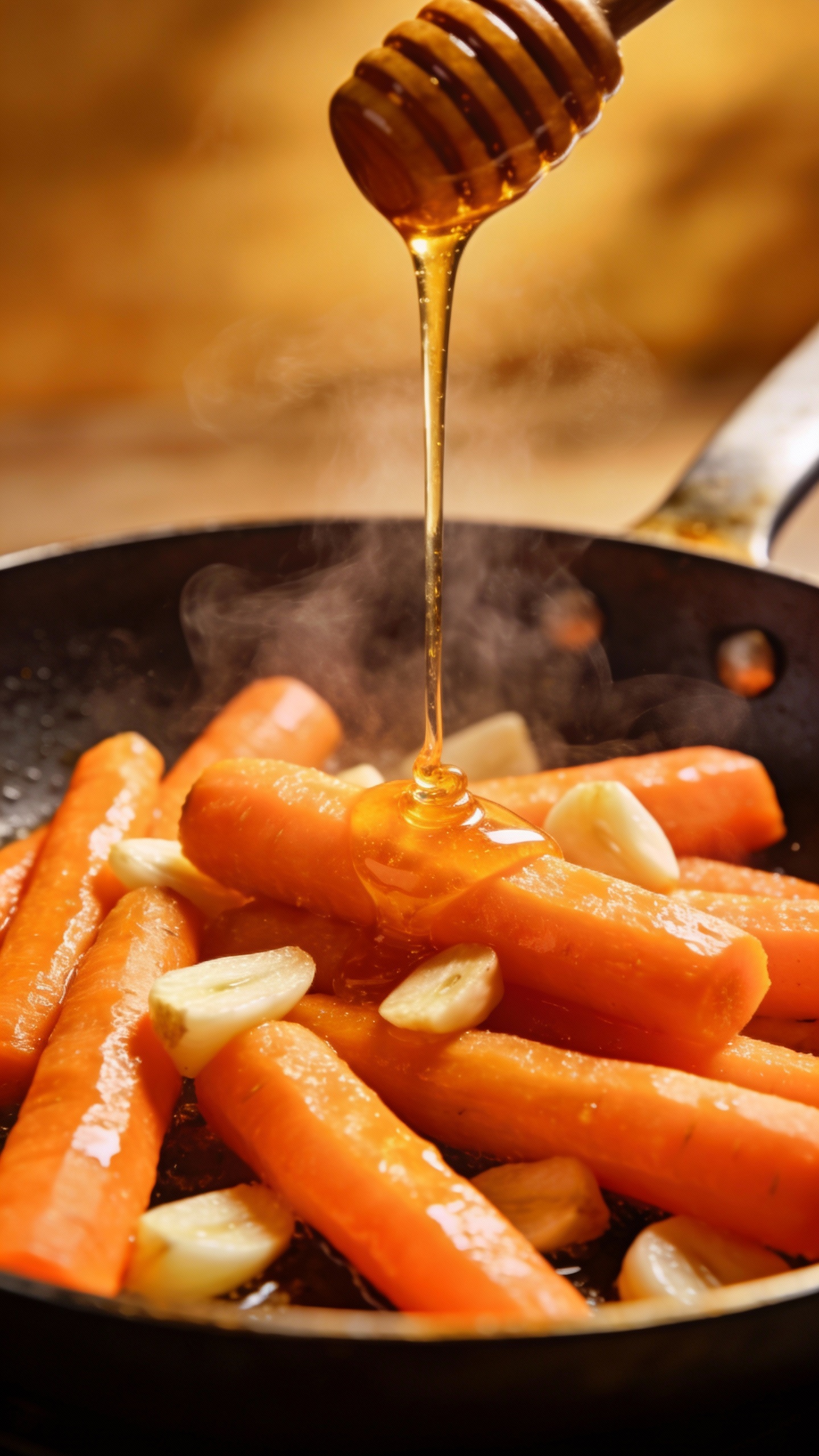 close-up sautéed carrots with garlic and honey drizzle, steam