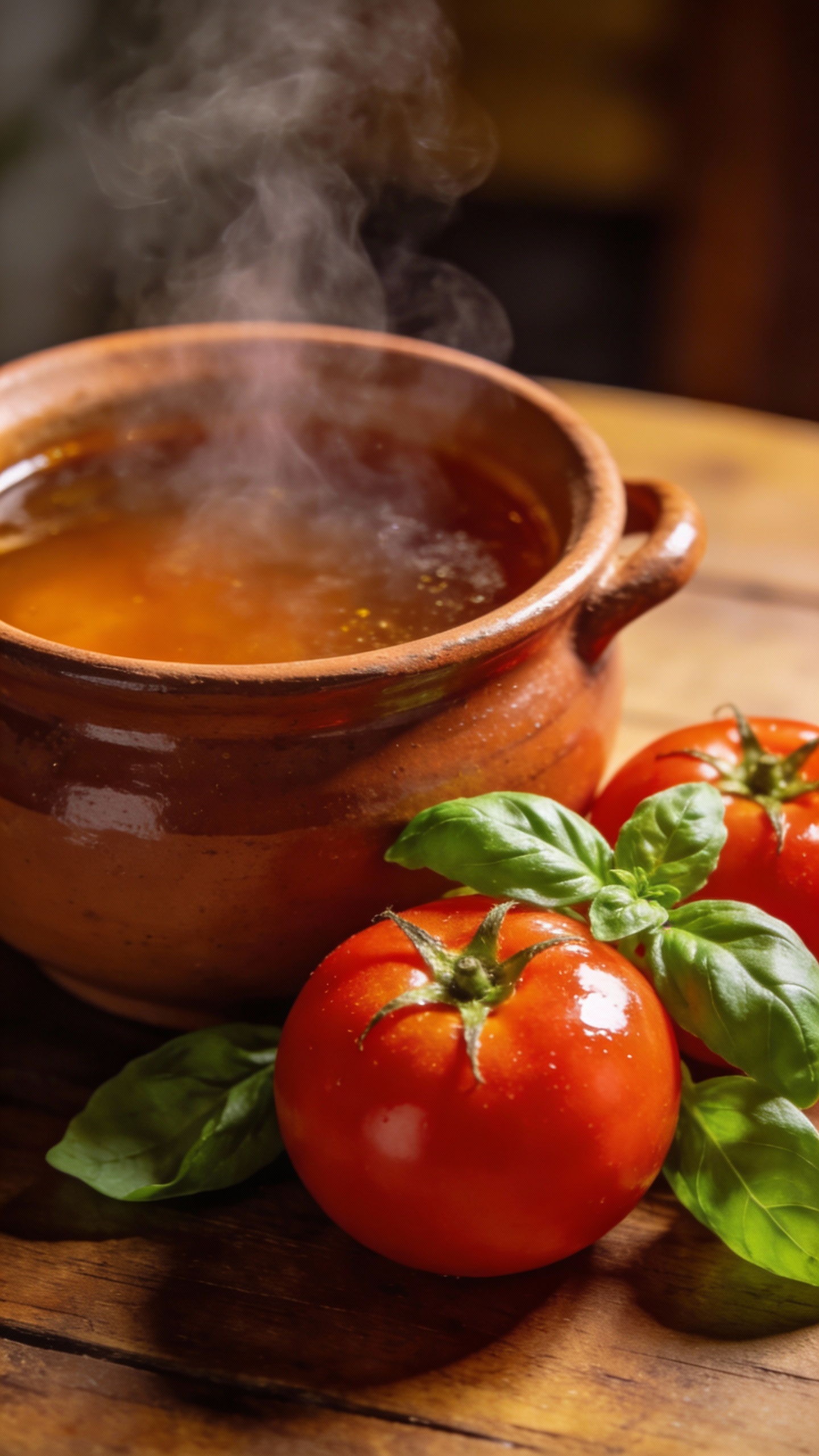 fresh tomatoes and basil beside simmering broth pot