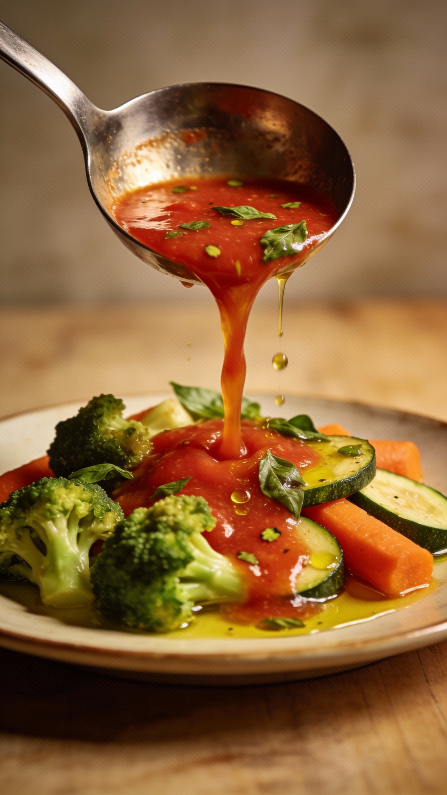 ladle pouring tomato basil broth over steamed vegetables