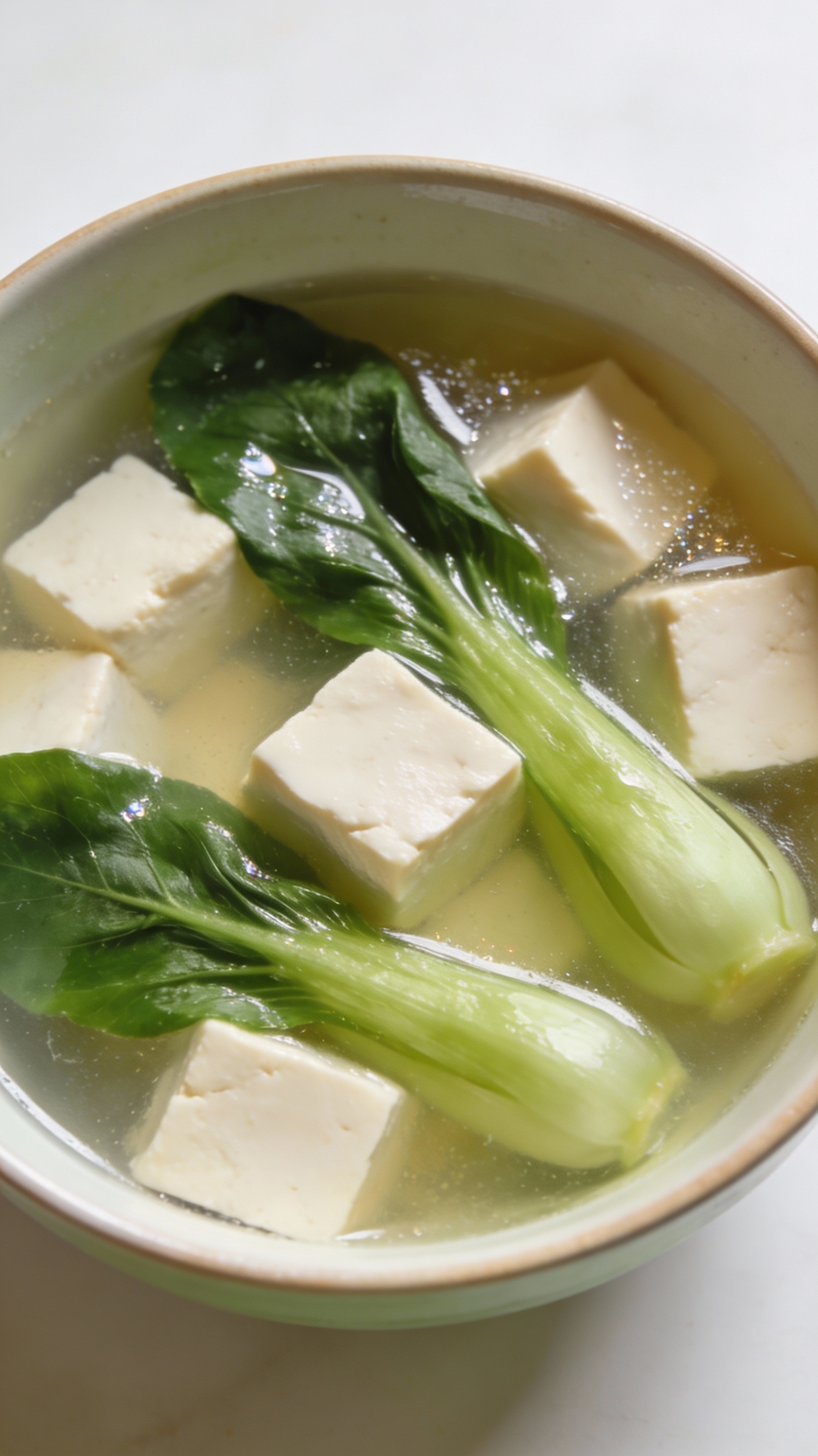 low-sodium broth bowl with bok choy and tofu, overhead