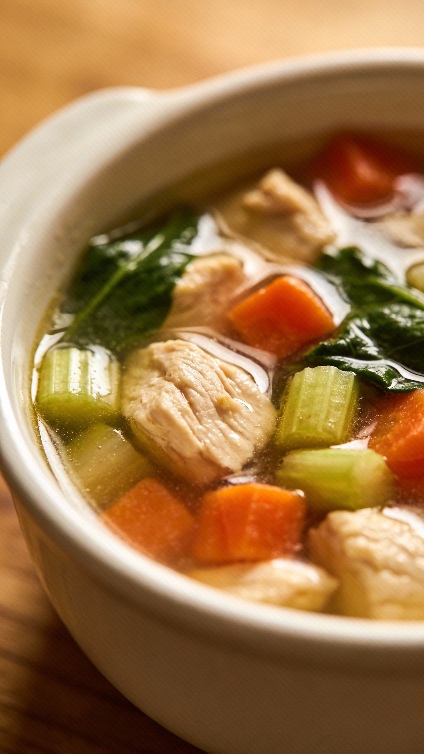 Heart-healthy chicken vegetable soup in white bowl