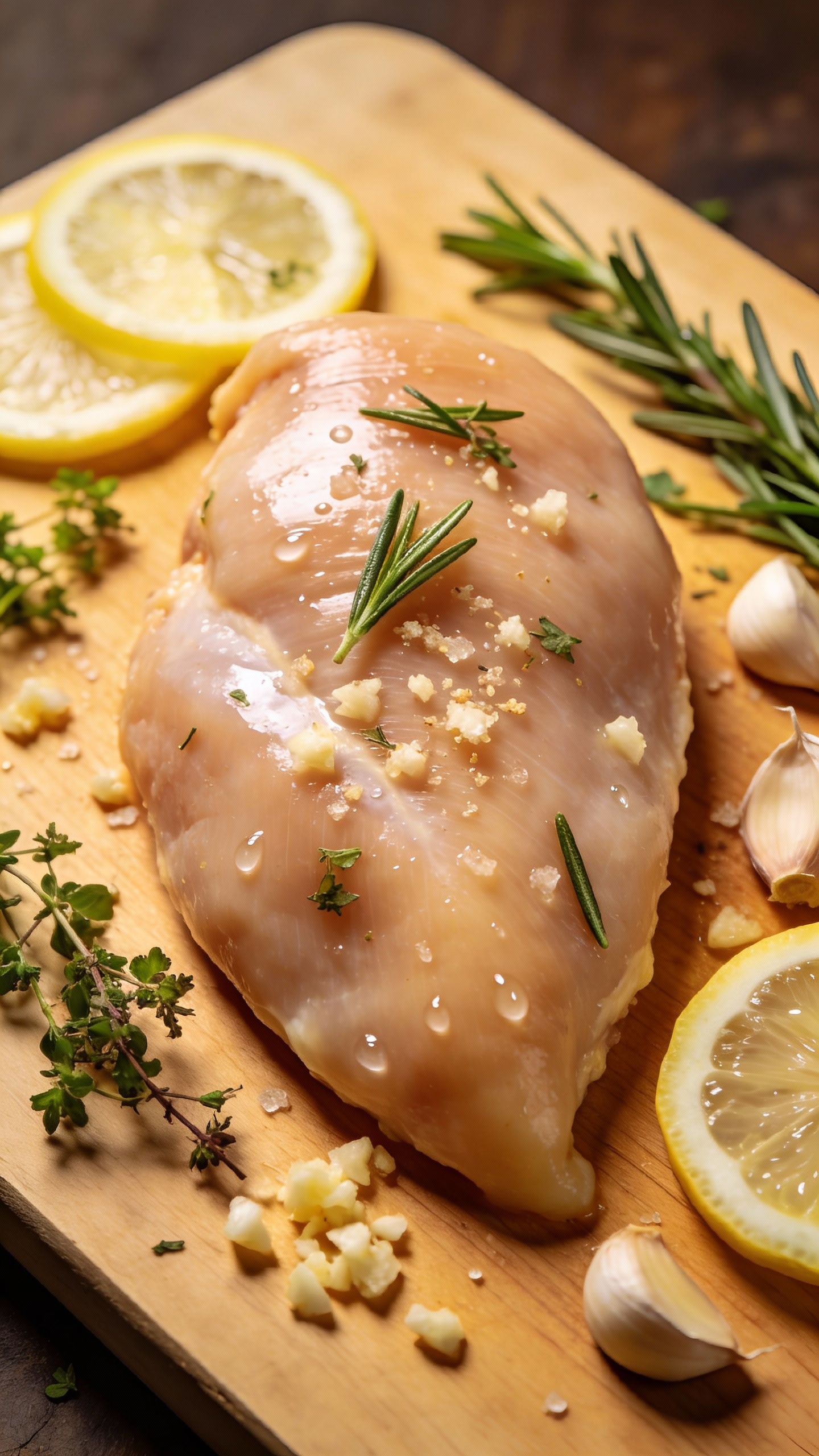 Skinless chicken breast with herbs, garlic, and lemon