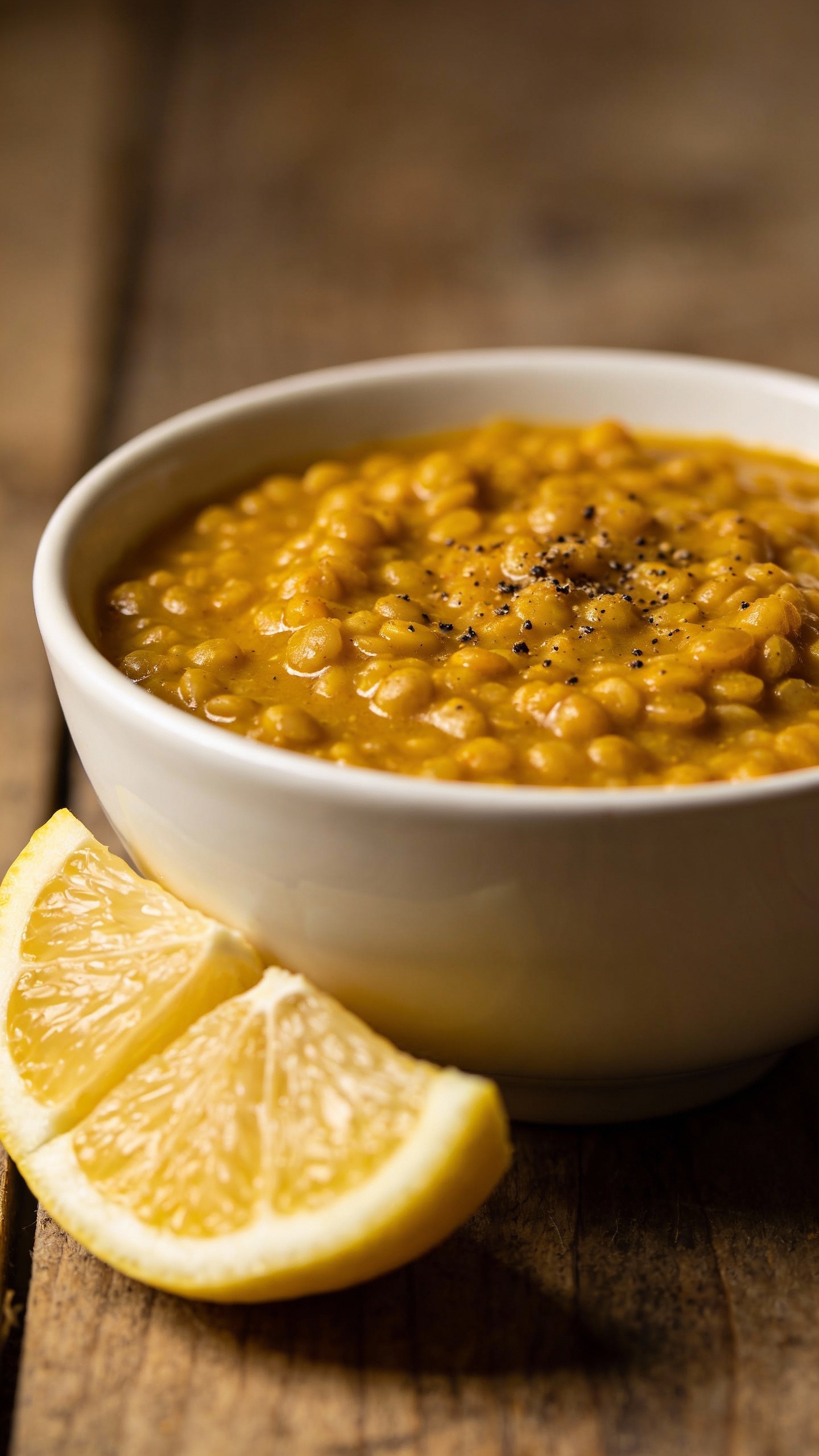 turmeric lentil stew in white bowl, lemon wedge, black pepper