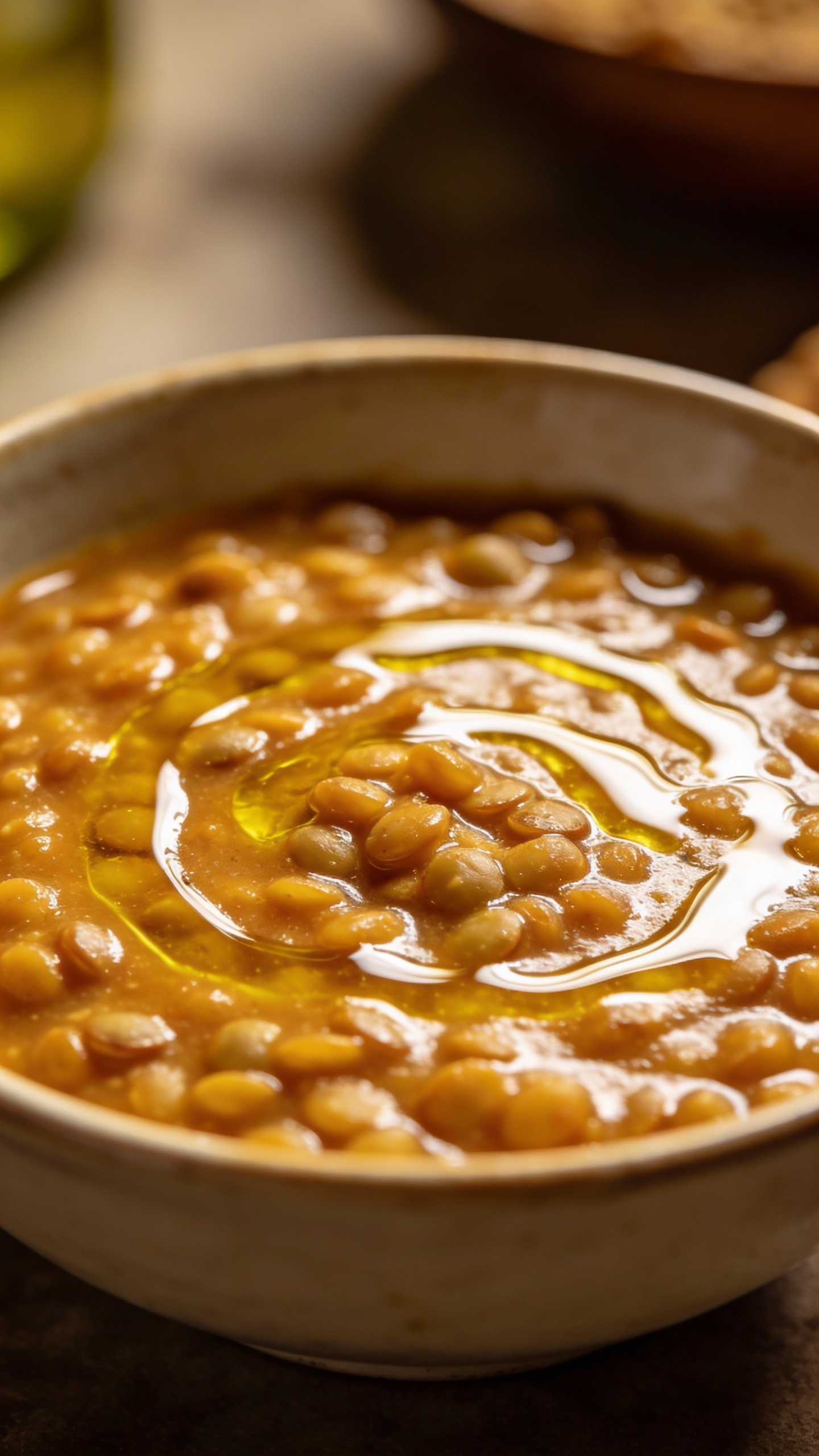 close-up golden lentil stew with olive oil drizzle