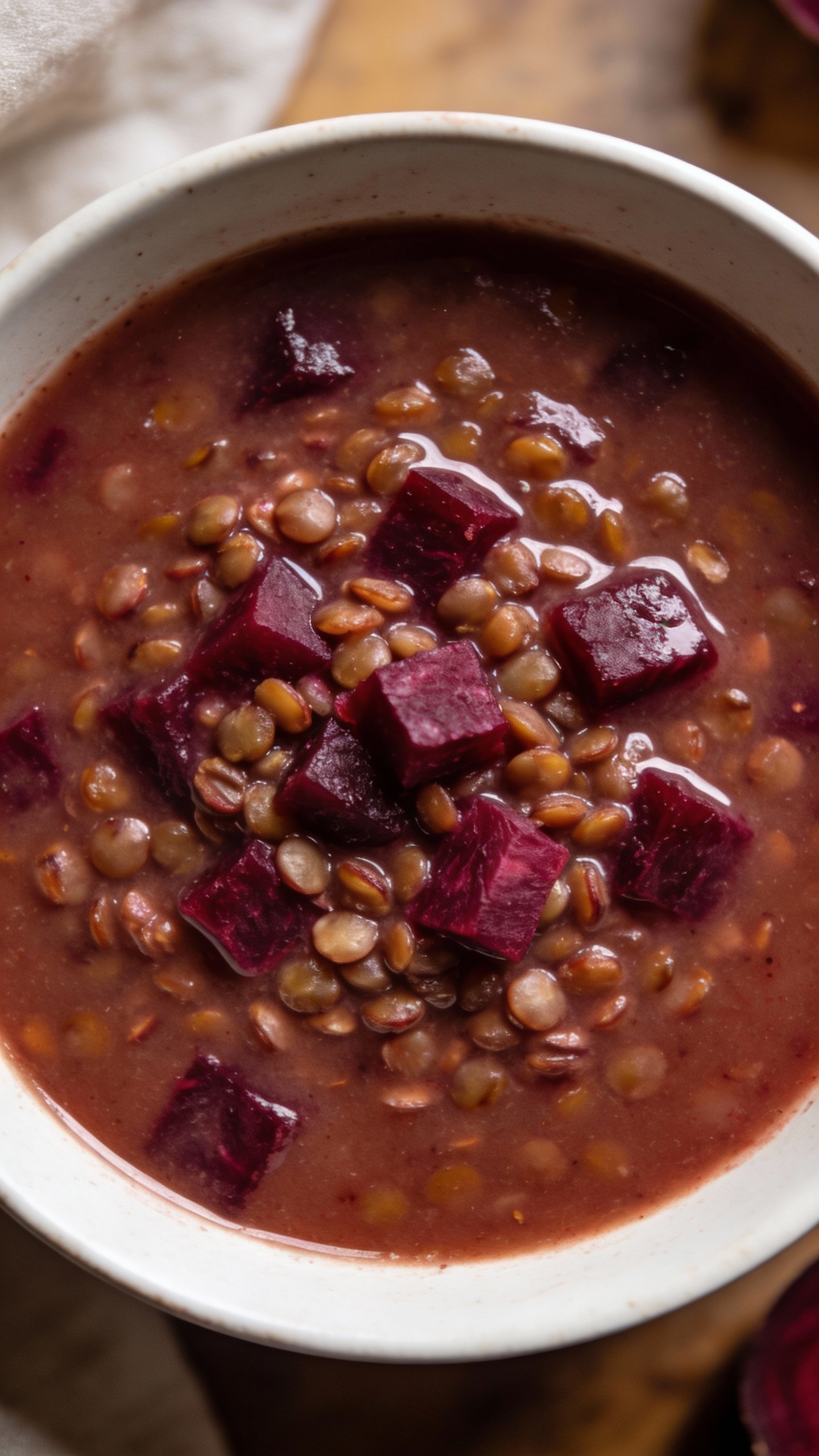 beet and lentil soup in white bowl, overhead