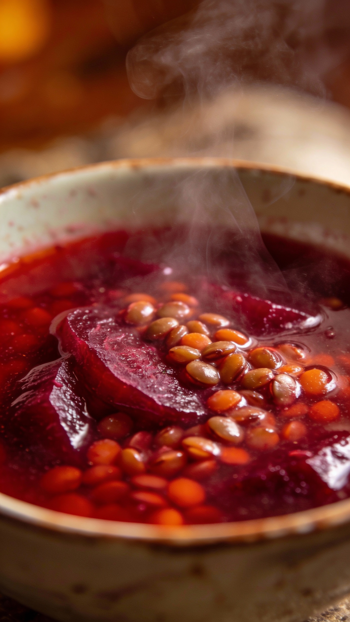 vibrant beet soup with lentils, steam rising, close-up