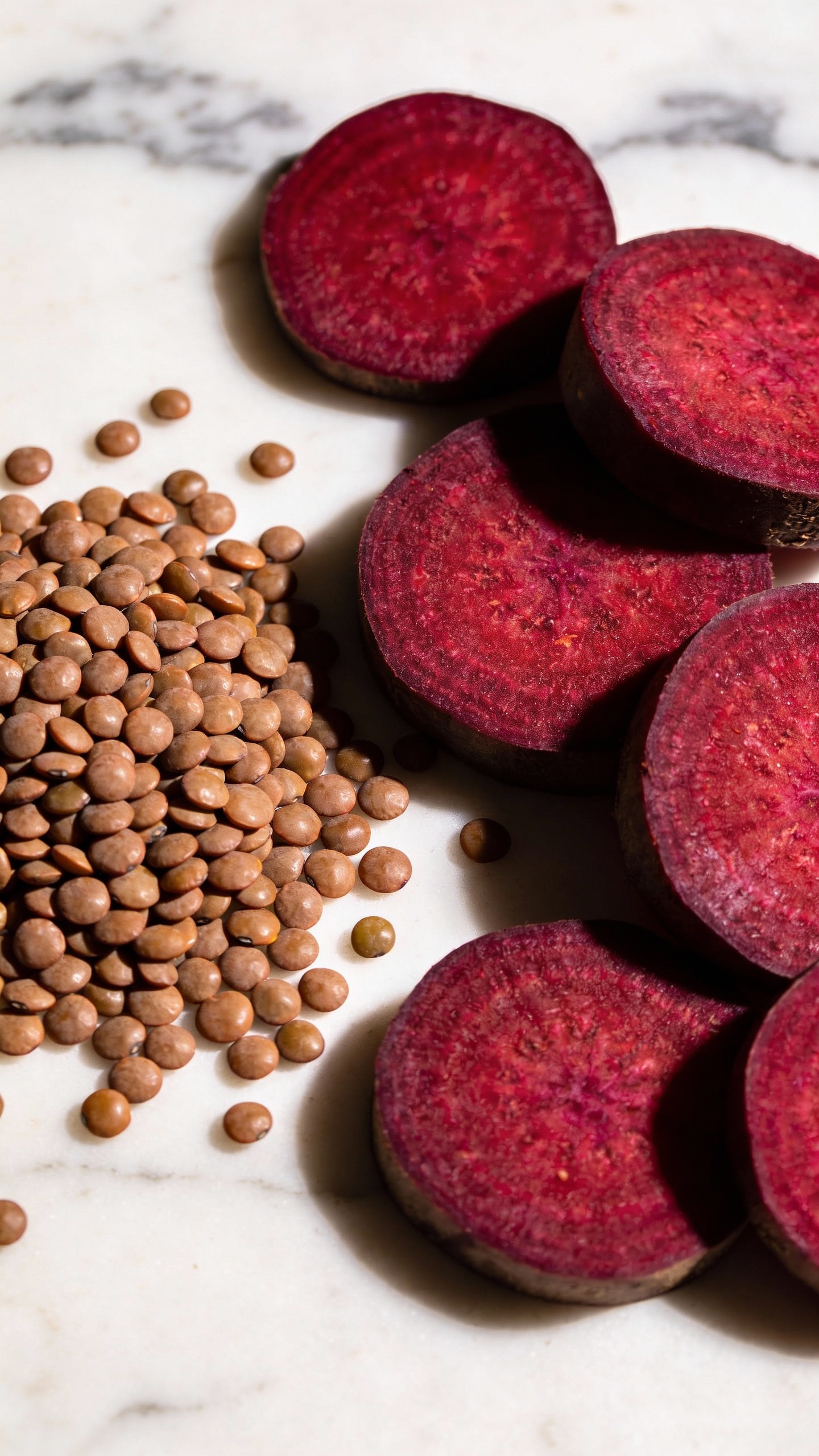 sliced beets and dry lentils on marble, soft light