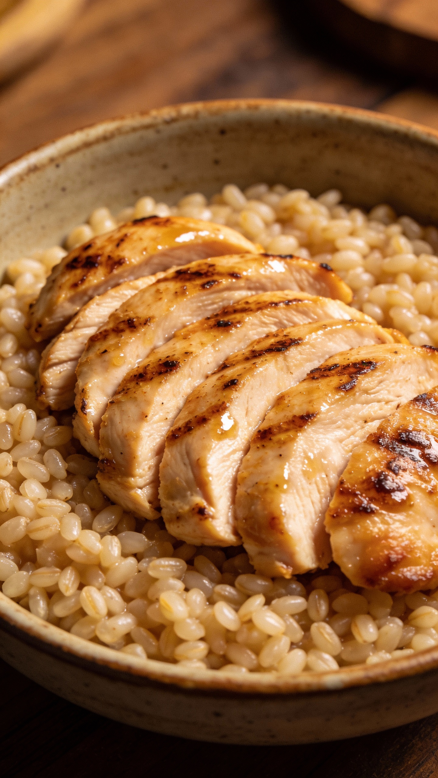 grilled chicken slices over pearled barley bowl