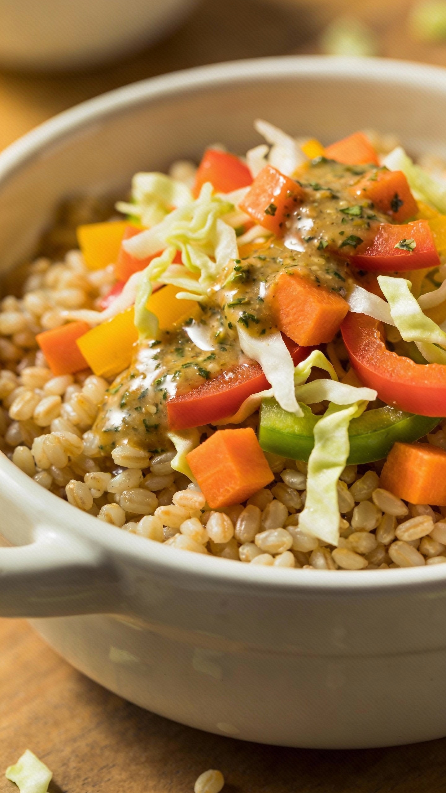barley bowl with crunchy veggies and zippy herb sauce