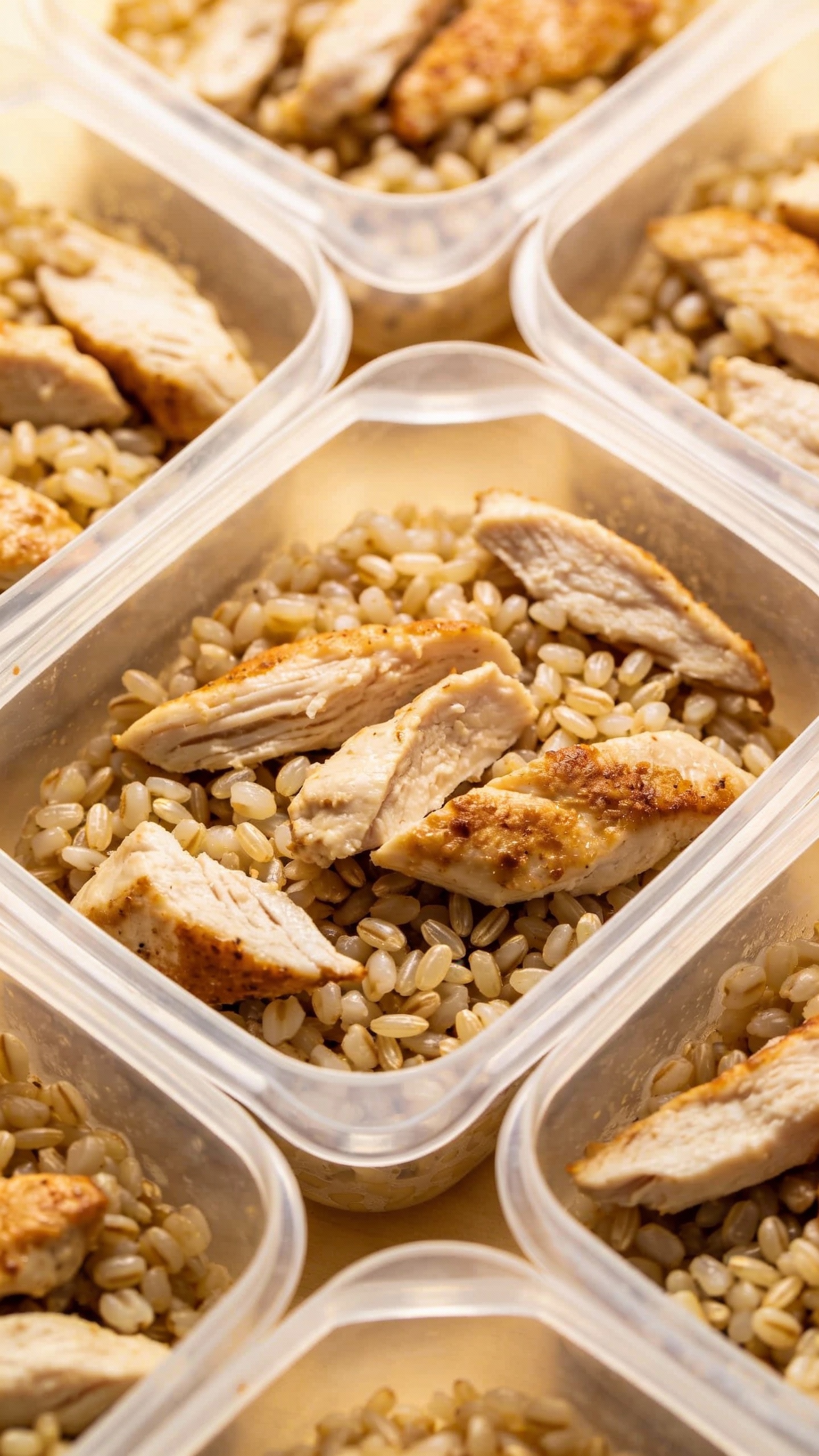 meal-prep containers of chicken and barley, overhead shot