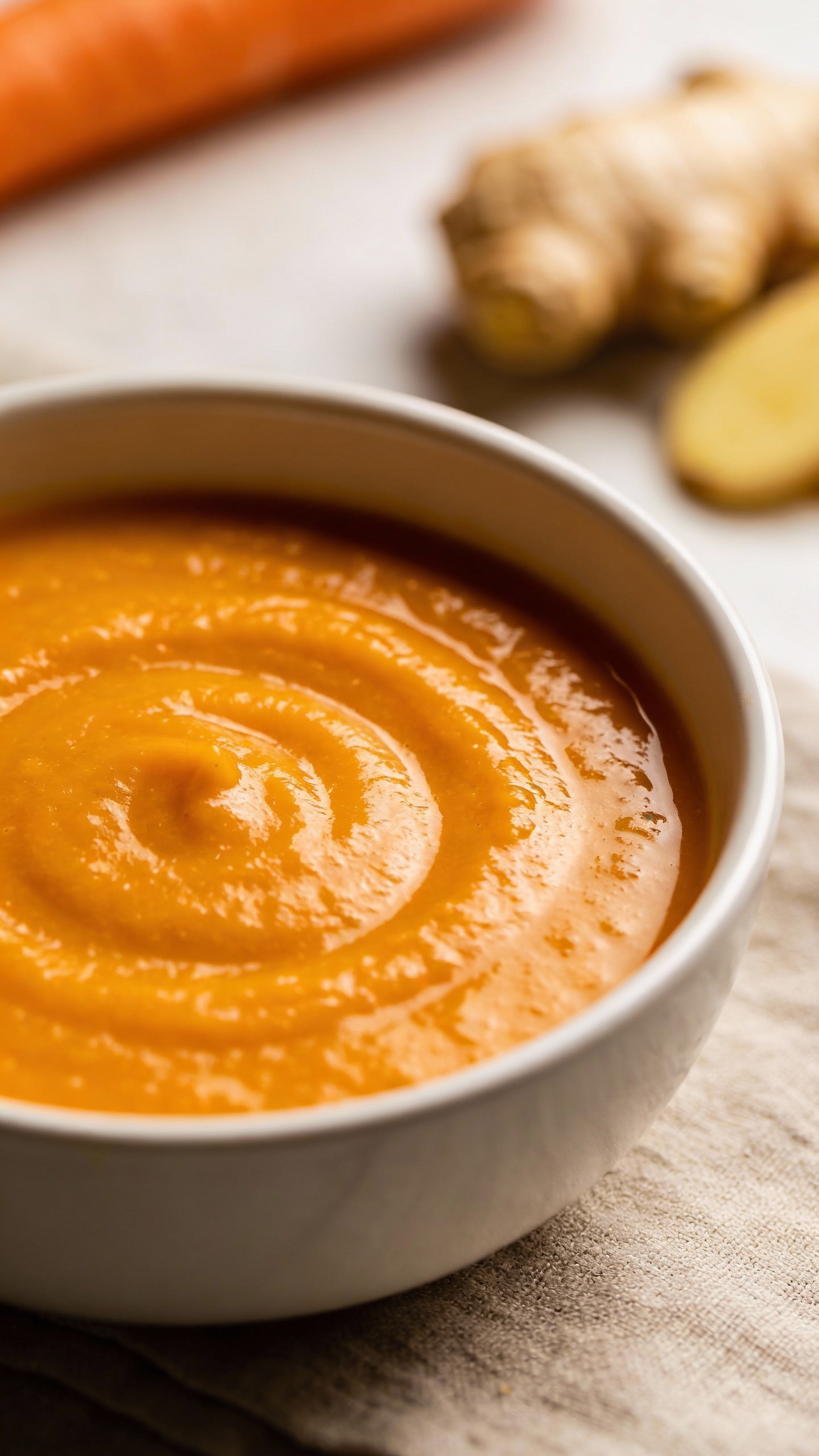 carrot ginger soup in white bowl, silky texture, overhead