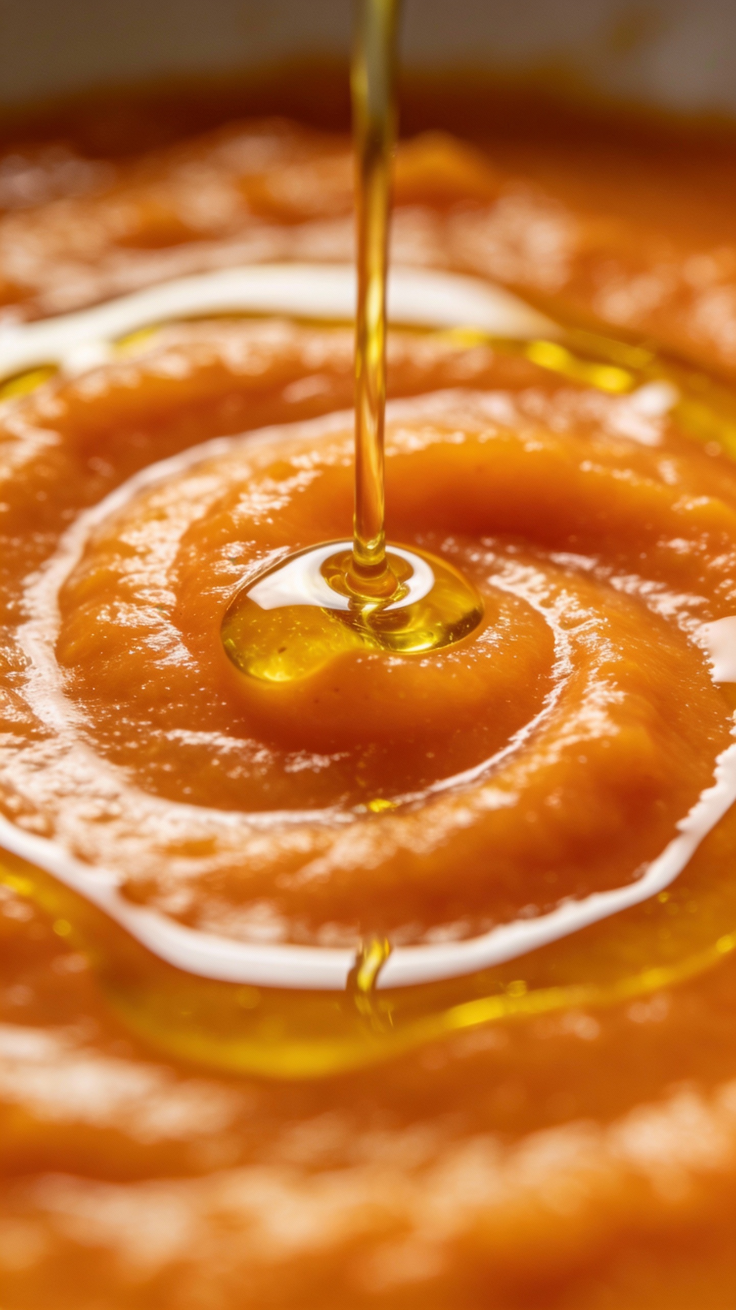 blended carrot soup swirl, olive oil drizzle, close-up