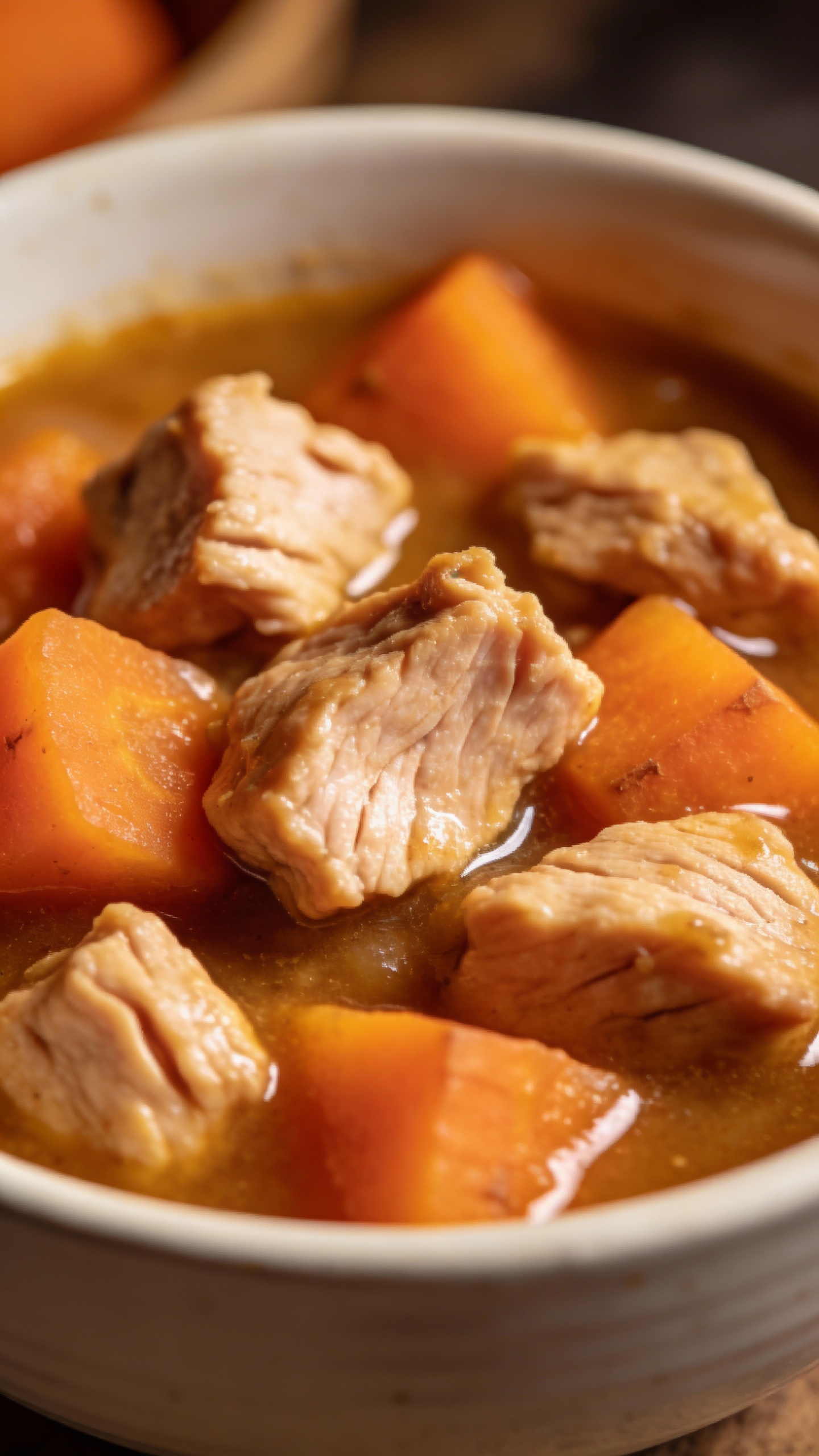 soft-chew turkey and sweet potato stew in white bowl