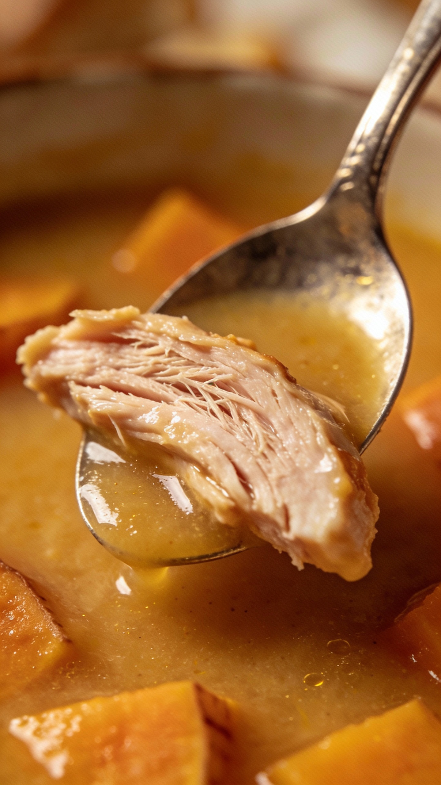 spoon lifting tender turkey from silky sweet potato broth