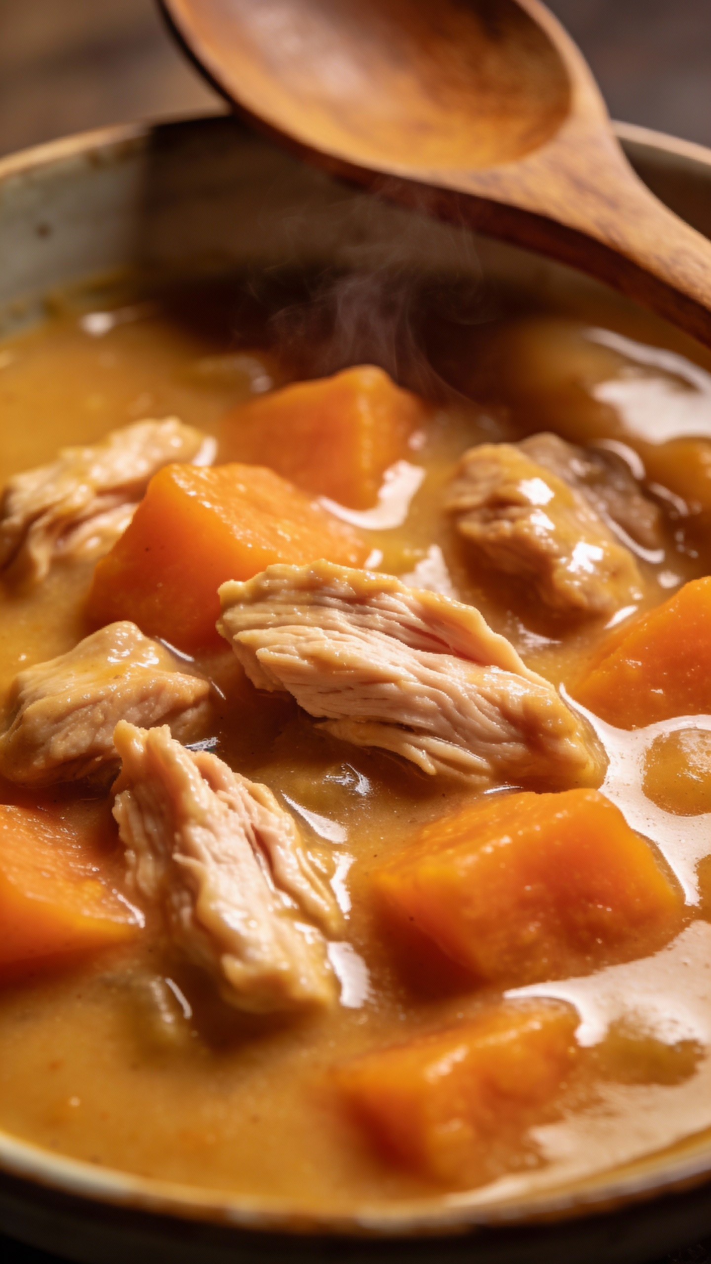 close-up creamy sweet potato stew with lean turkey pieces