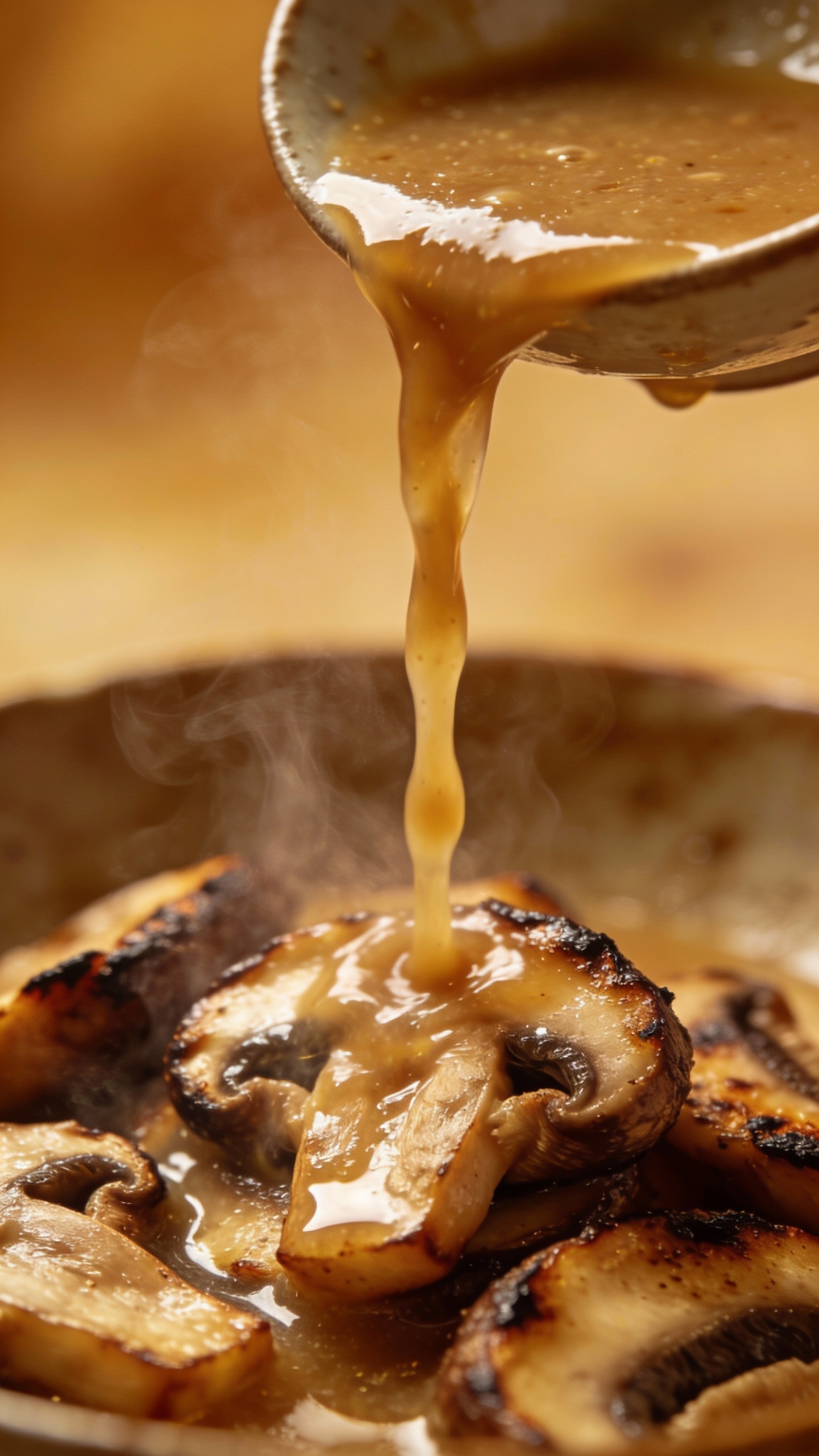 close-up miso broth pouring over roasted mushrooms