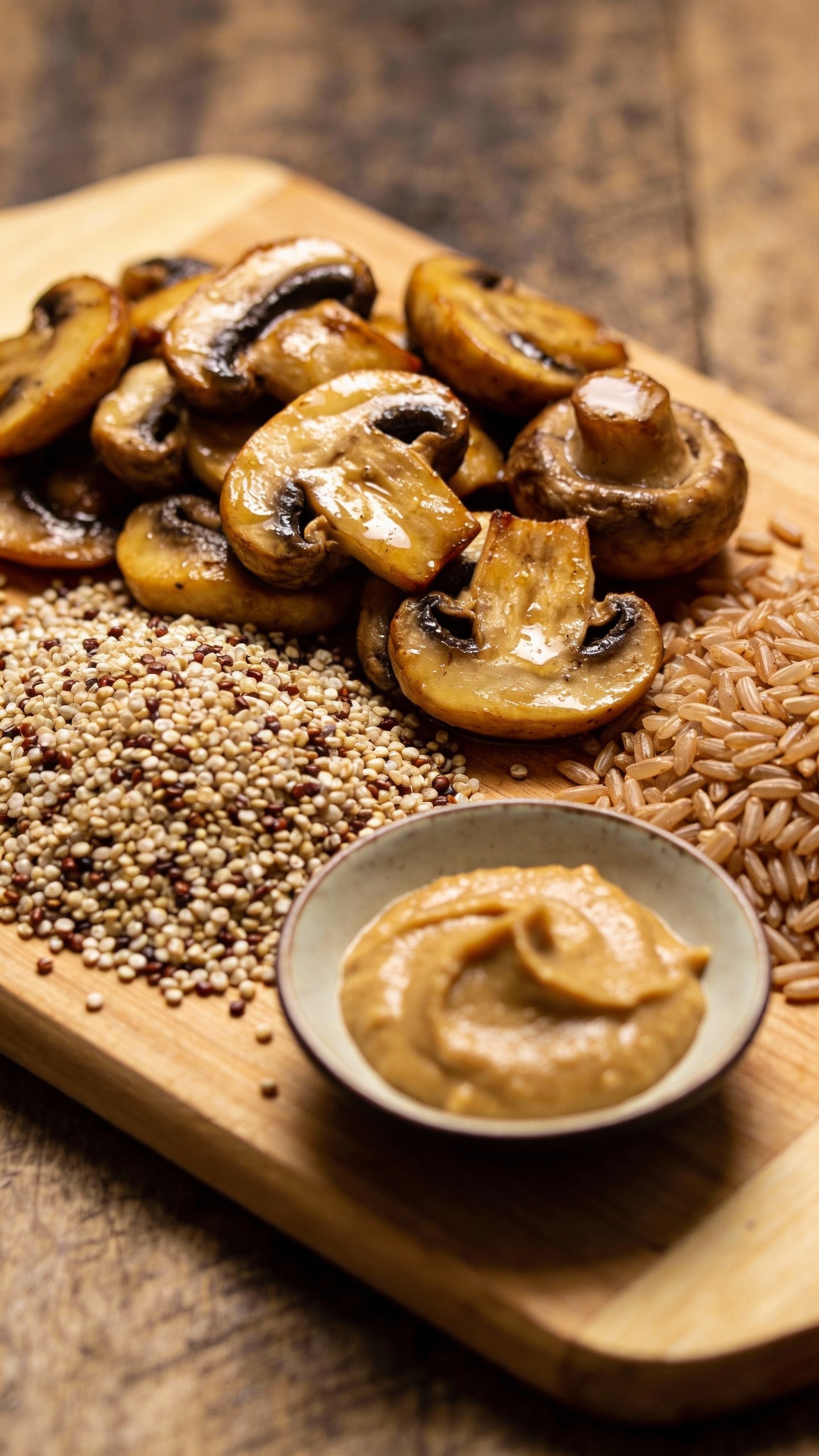 whole grains, sautéed mushrooms, and miso paste overhead shot