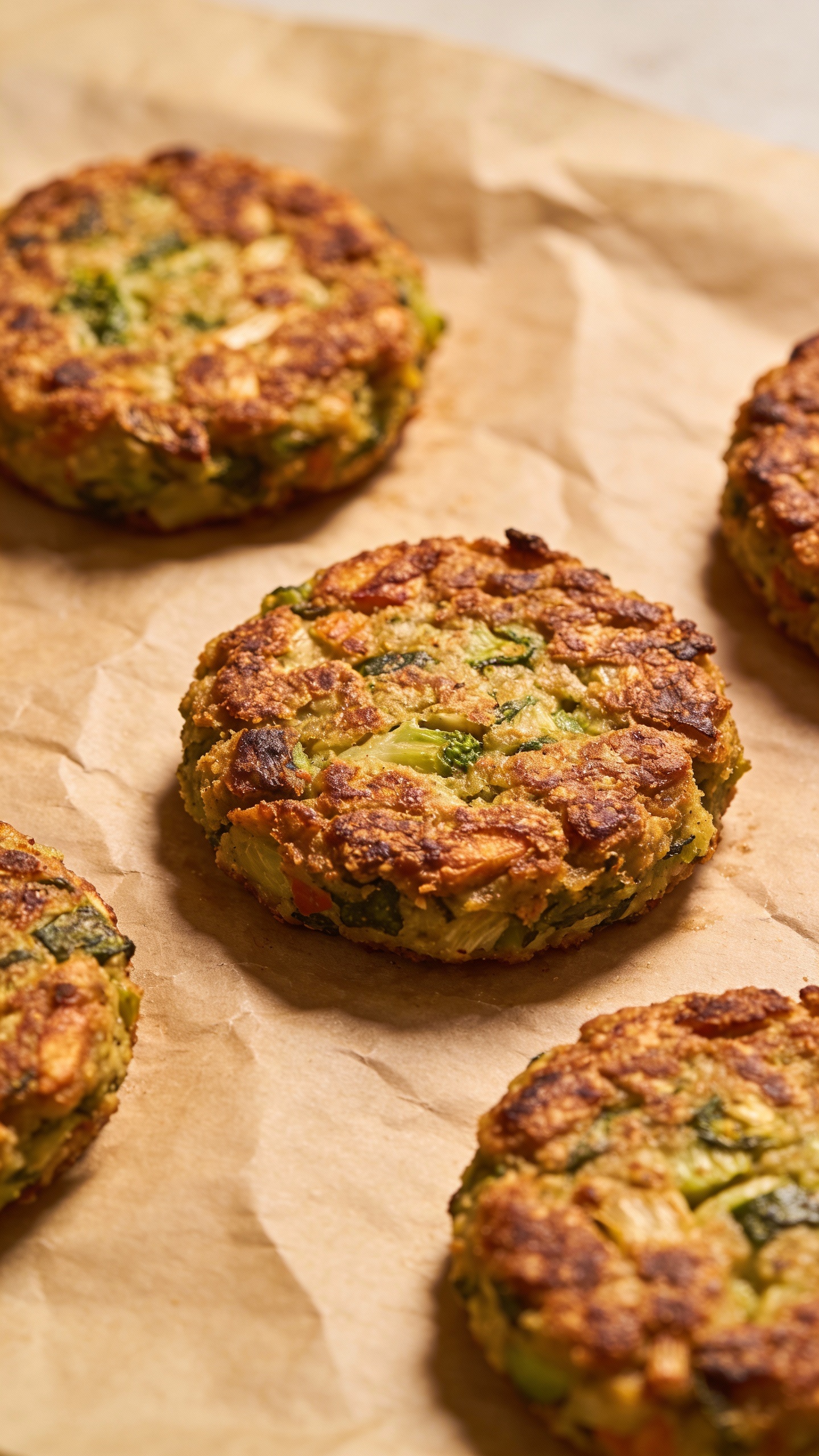 baked veggie patties on parchment, crisp edges, overhead
