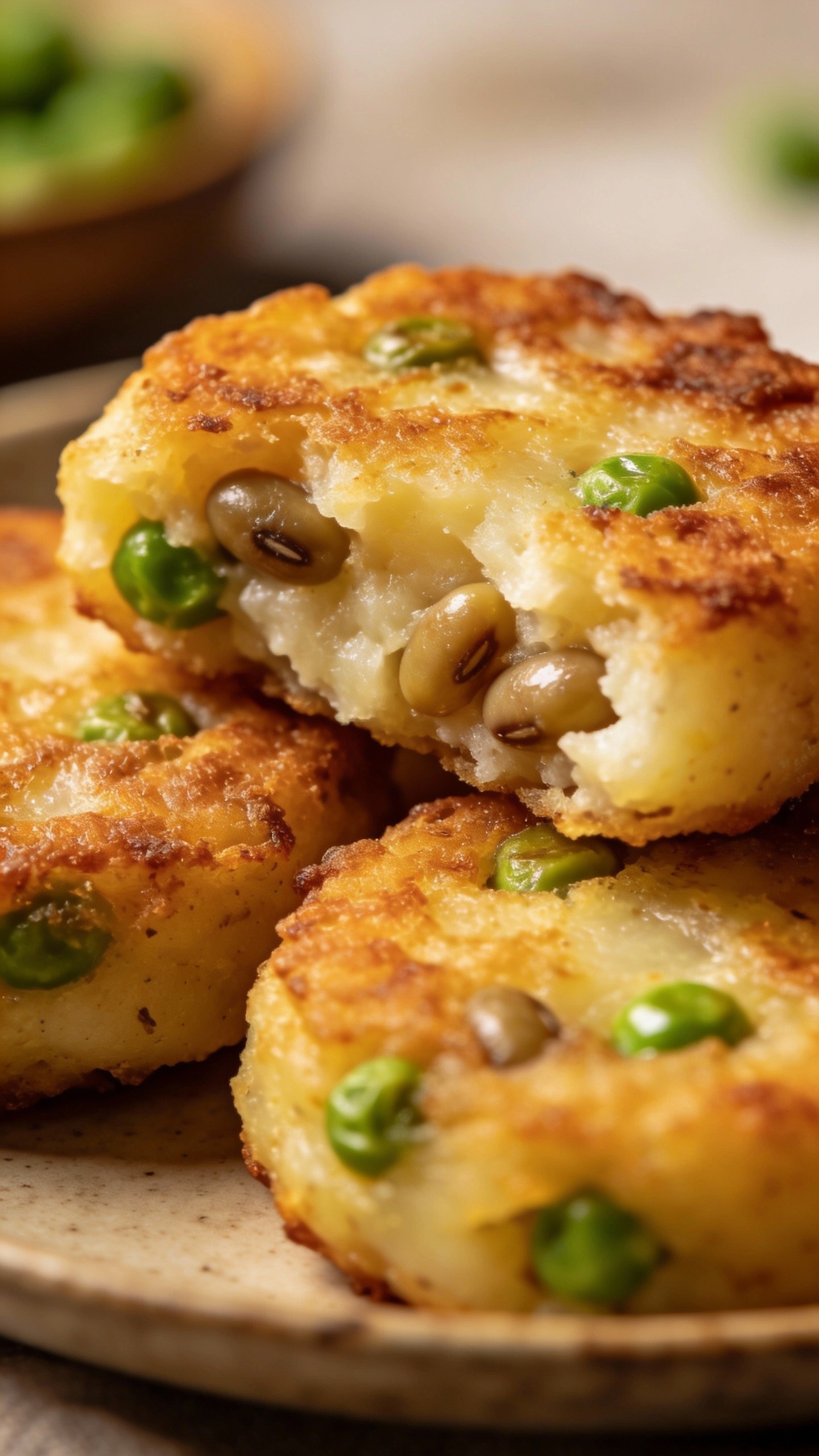 air-fried potato-pea patties with protein-rich beans, close-up