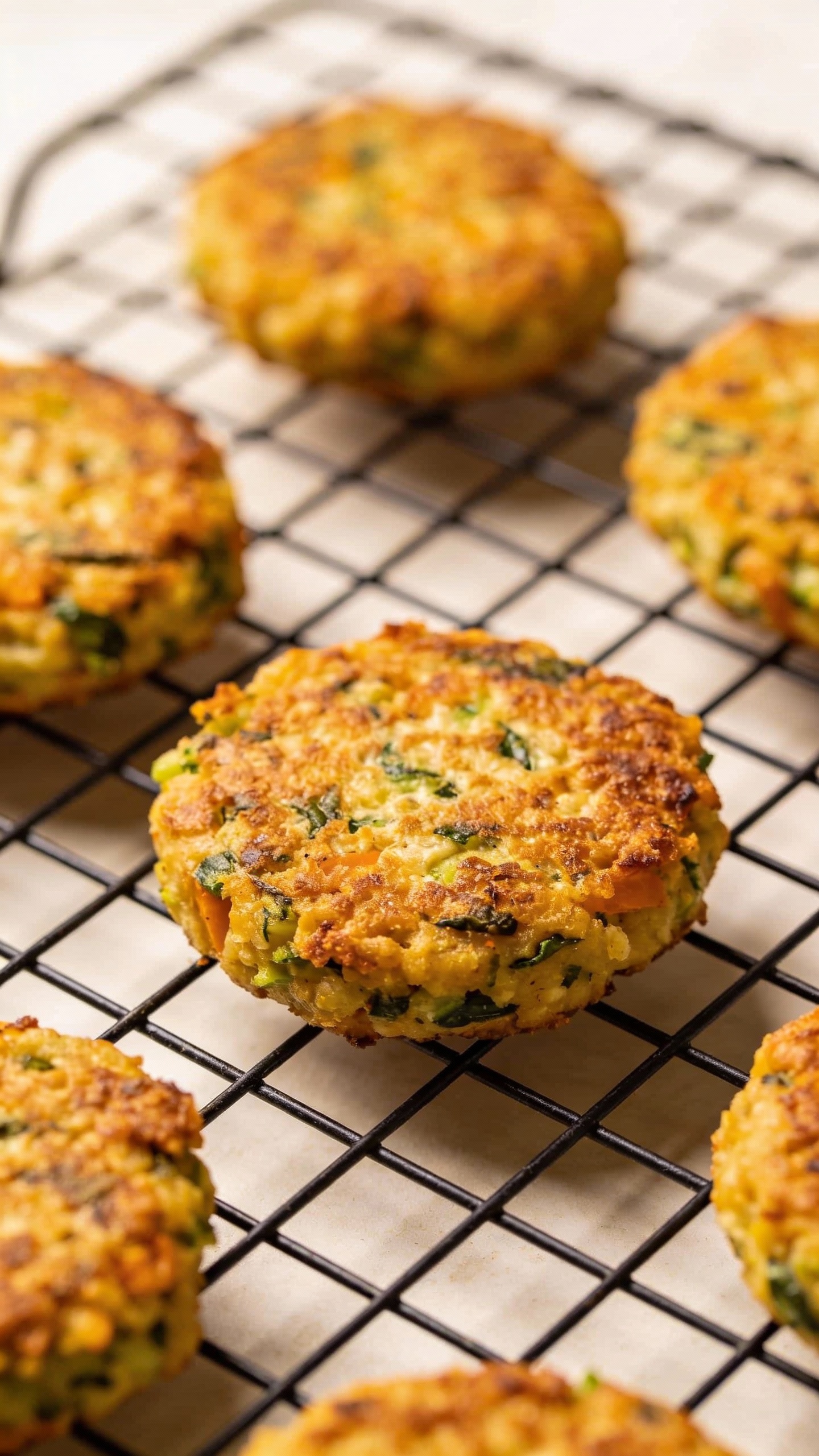 golden veggie patties on wire rack, no oil sheen