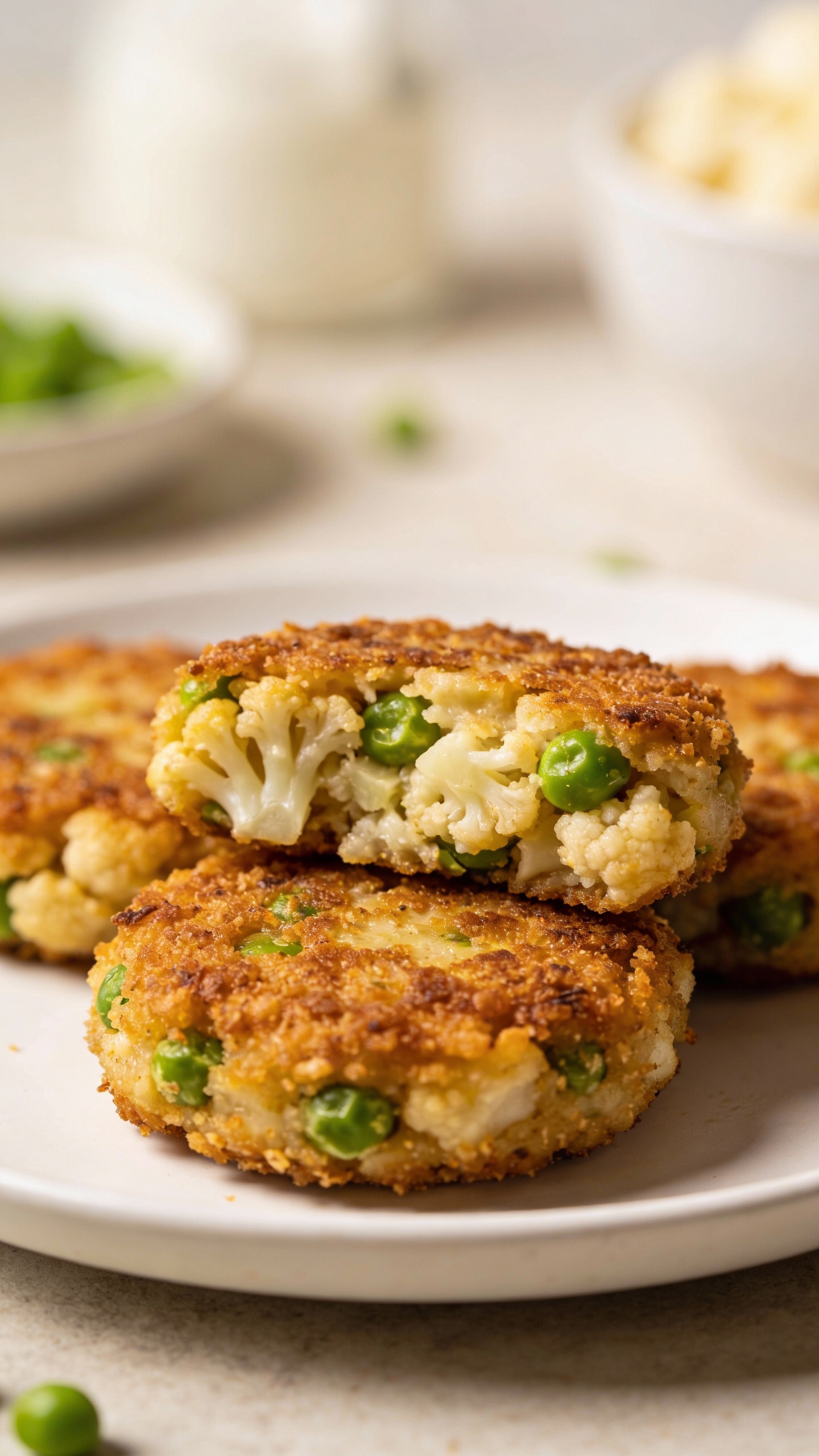 crispy cauliflower pea patties on white plate, natural light