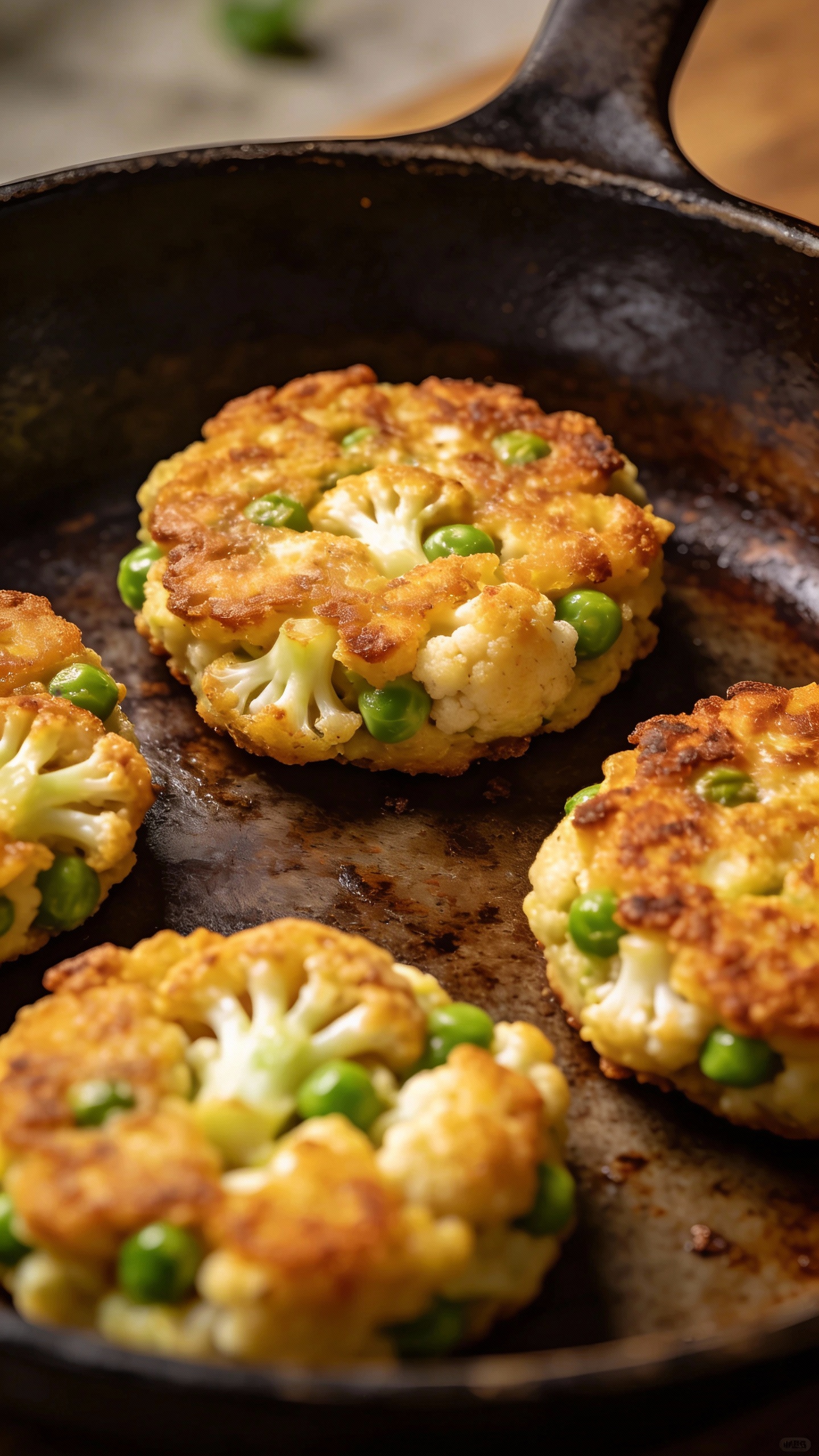 golden cauliflower pea patties in cast-iron skillet