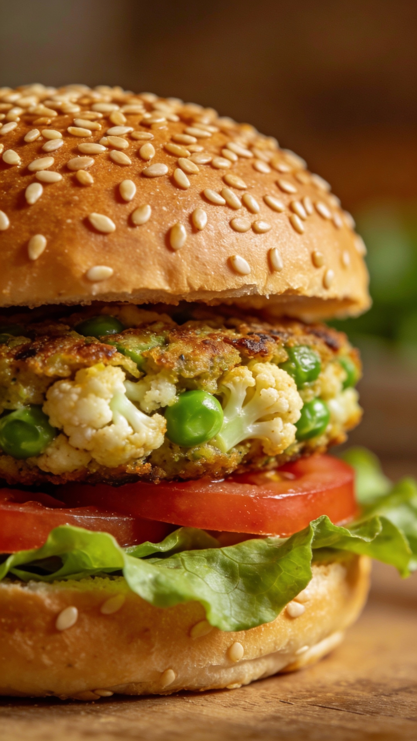 cauliflower pea patty burger, no cheese, sesame bun, close-up