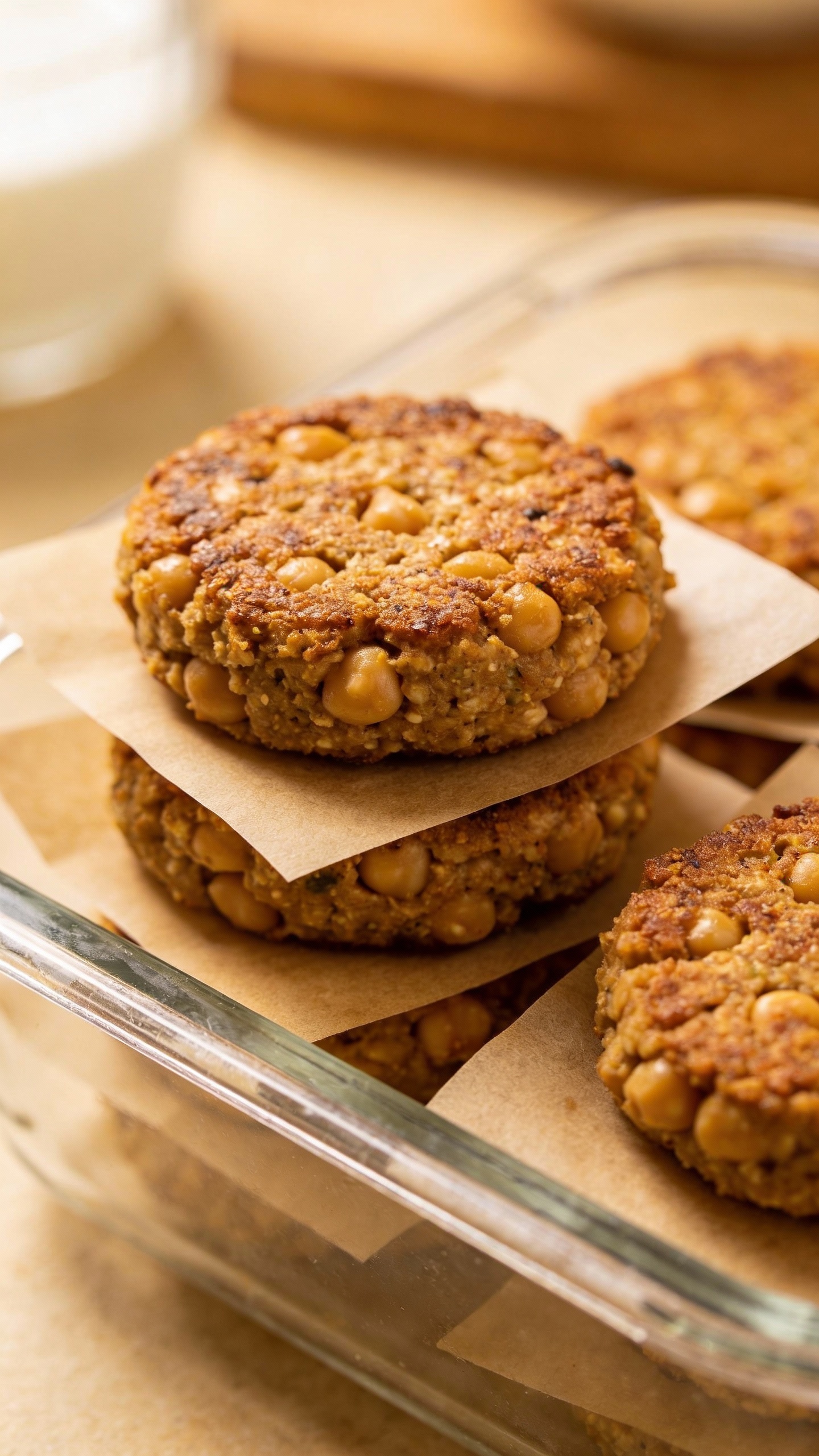meal-prep chickpea patties in glass container, parchment liners