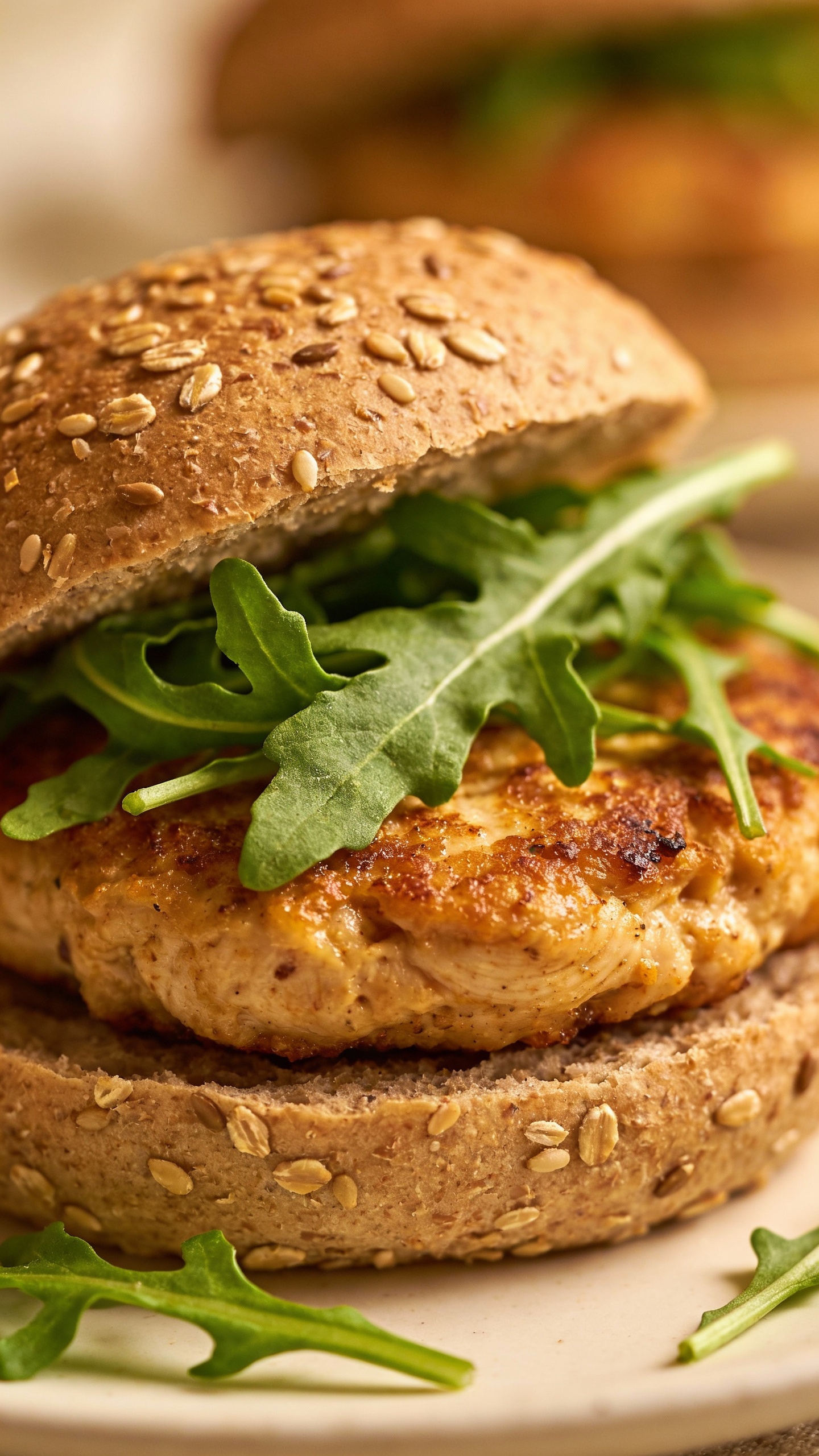 low-sodium chicken patties on whole-grain bun, arugula