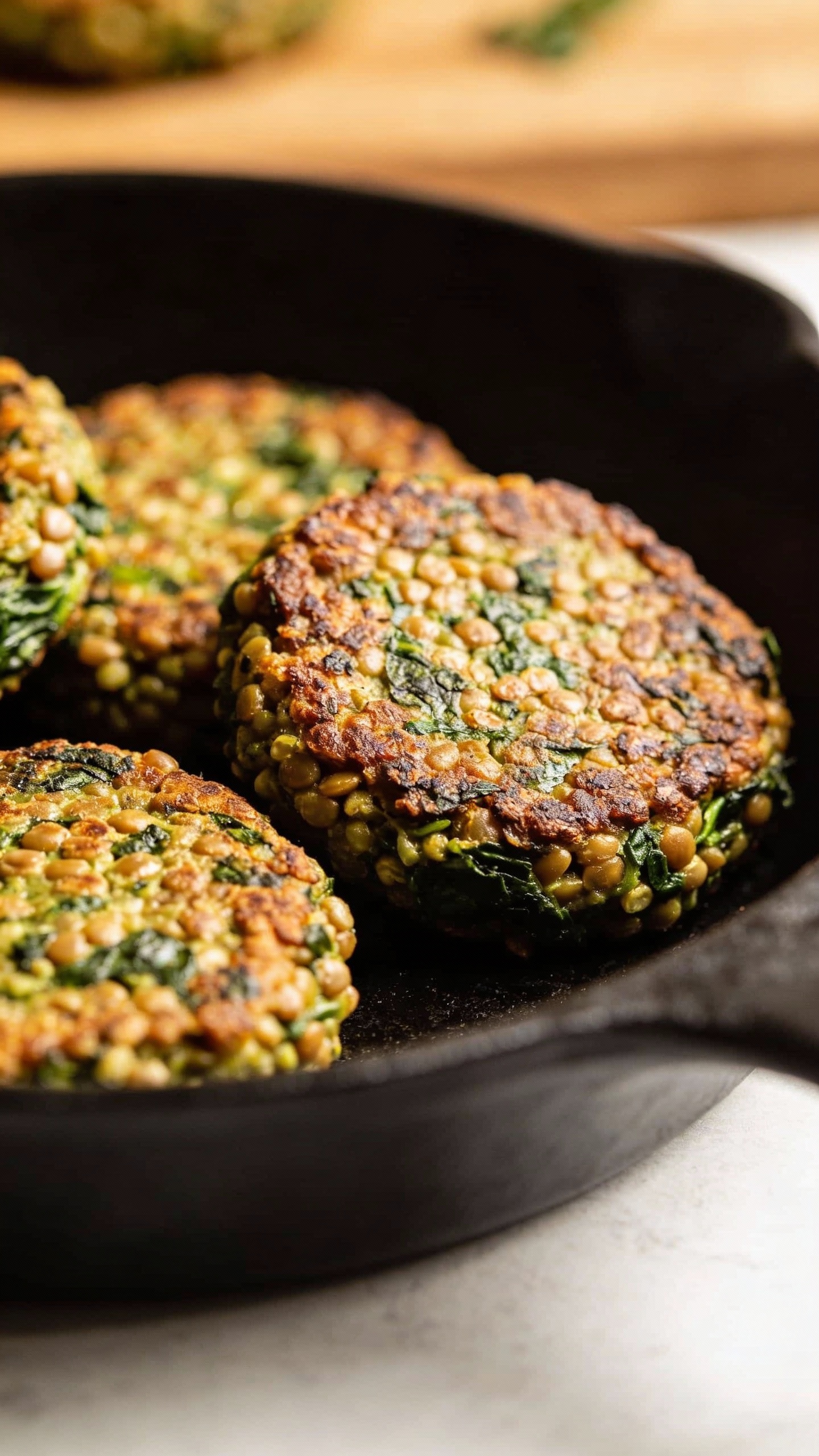 pan-fried lentil spinach patties with crisp edges