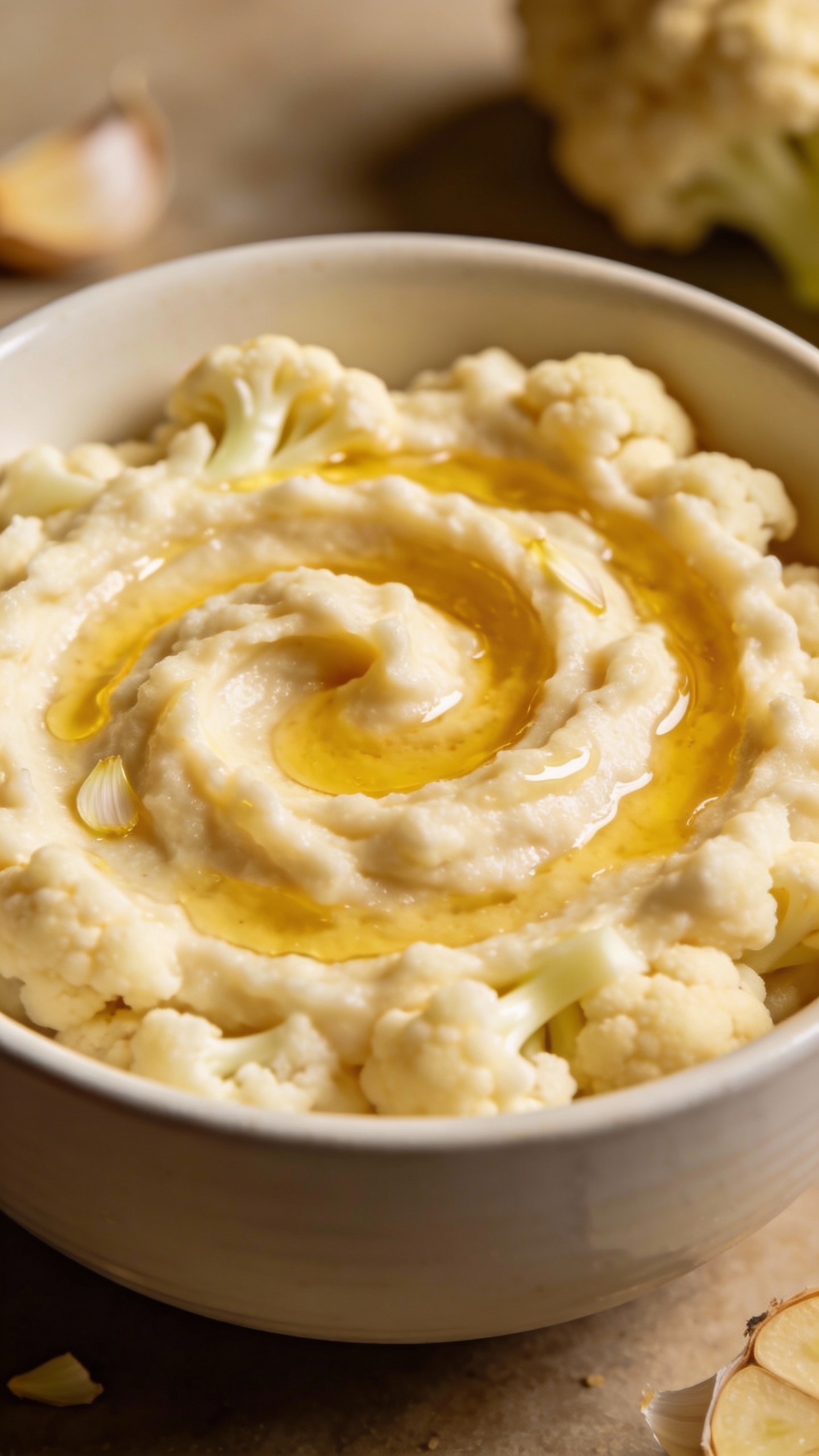 creamy mashed cauliflower in white bowl, garlic butter drizzle