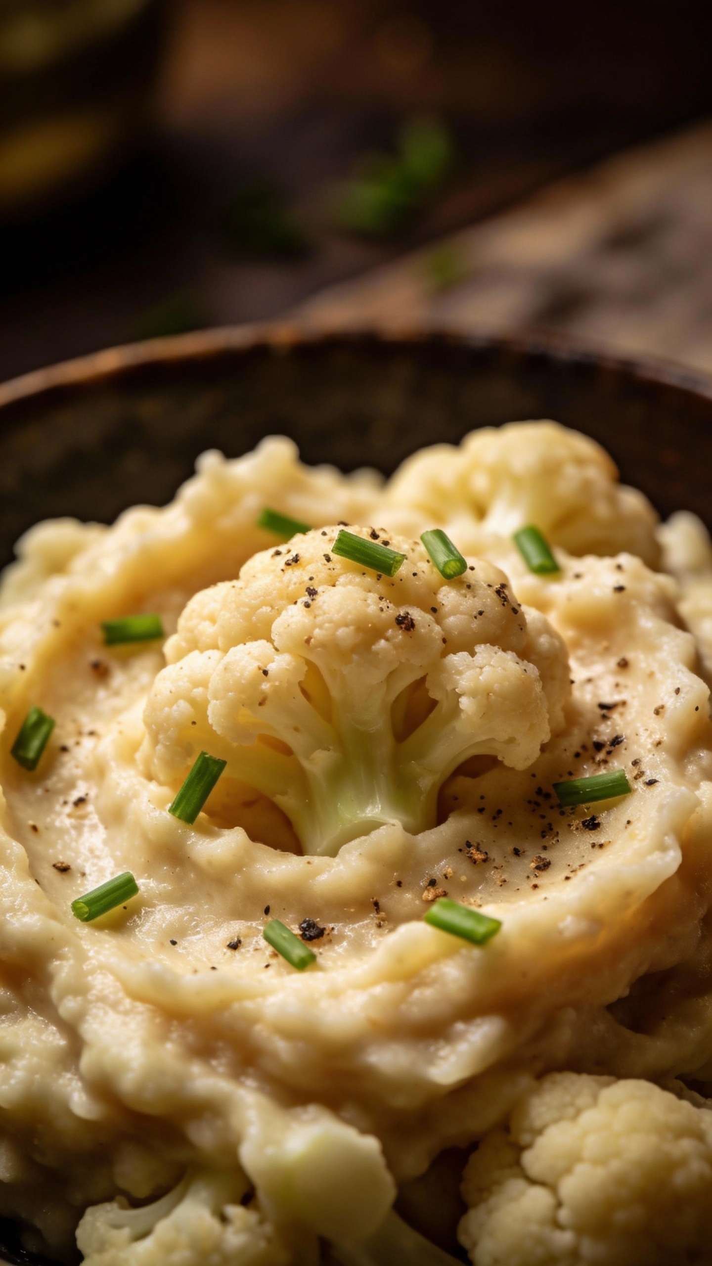 silky mashed cauliflower close-up, chives and pepper, moody light