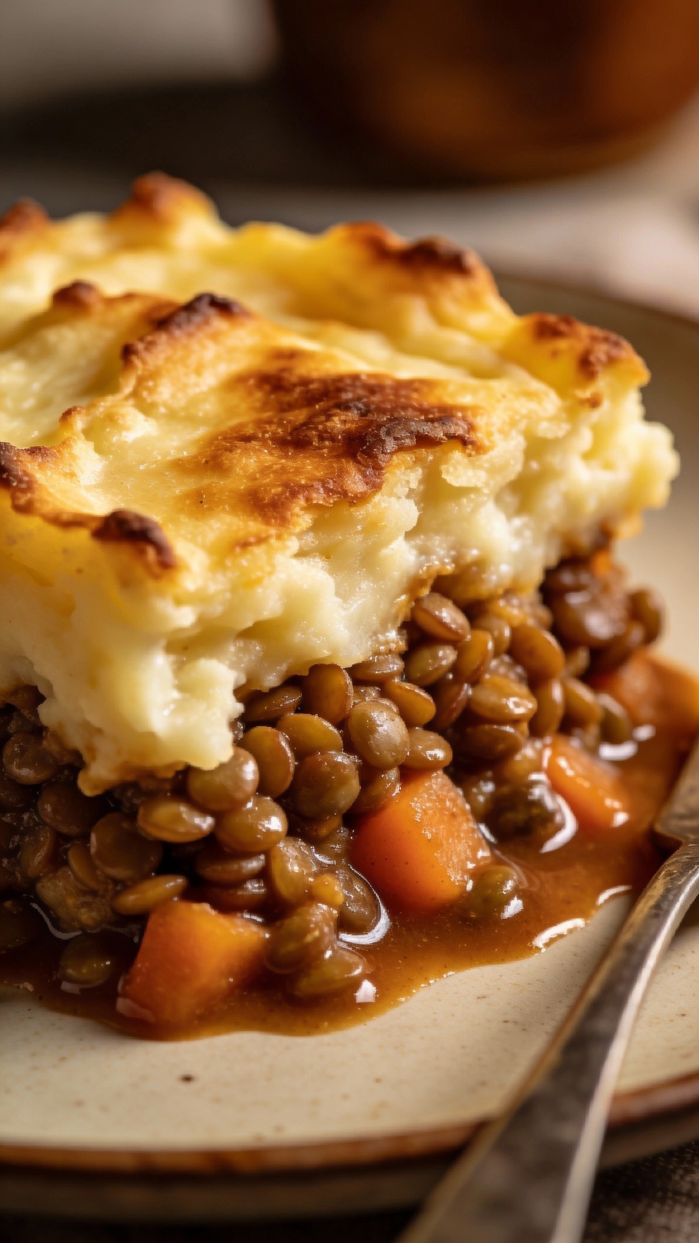 Lentil shepherd’s pie slice with browned mash topping