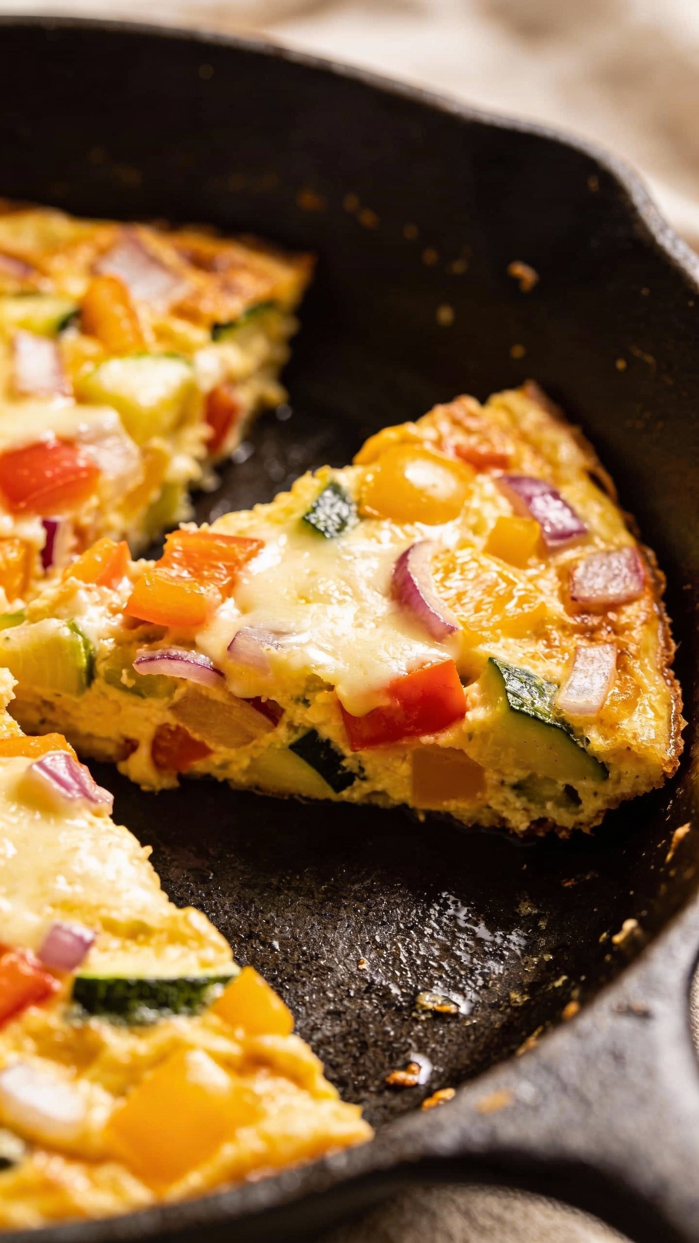 low-cheese vegetable frittata slice on cast-iron skillet