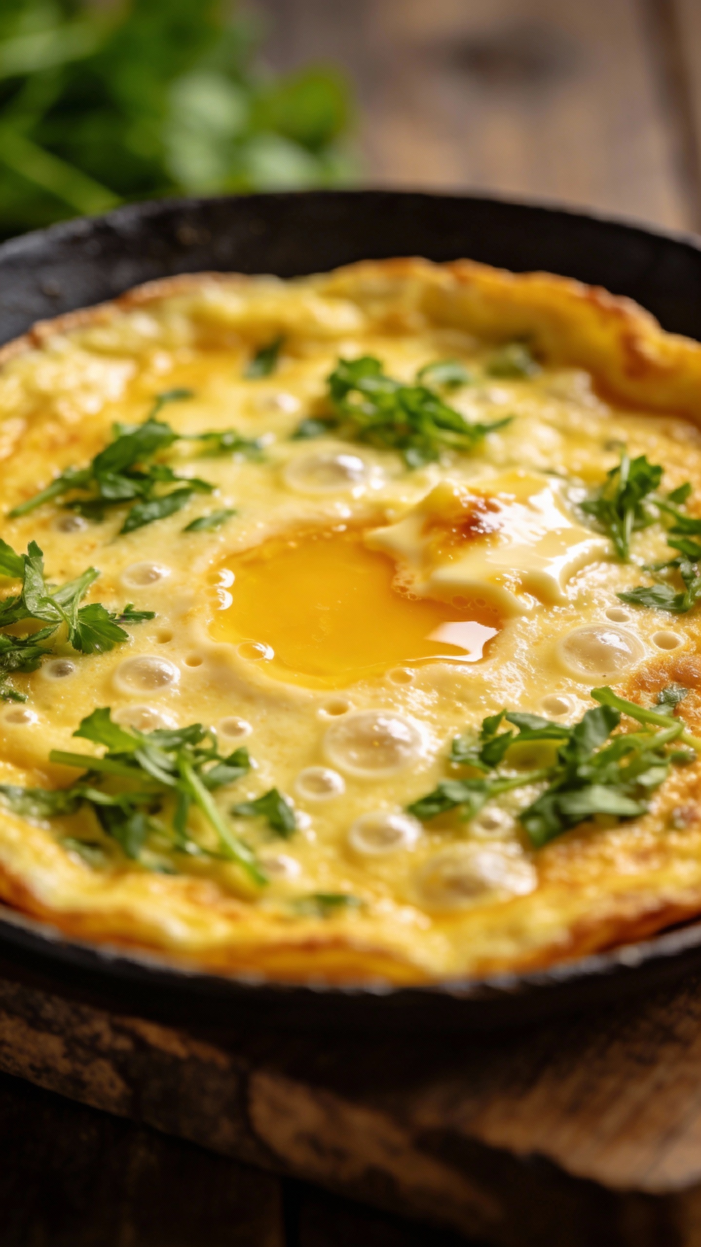custardy egg frittata topped with fresh herbs, minimal cheese